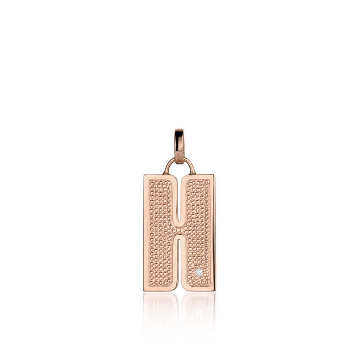 14k Rose Gold necklace with a pendant shaped like the letter 'H' Single white diamond accent with beaded texture. Shown pendant only on white background.