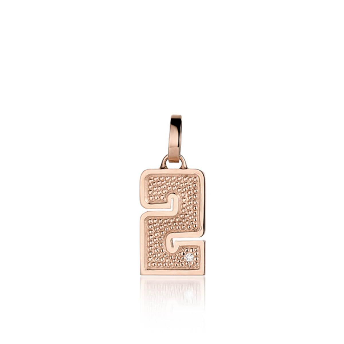 14k Rose Gold necklace with a pendant shaped like the number 2 features single white diamond accent with  textured surface. Pendant Only shown on white background.