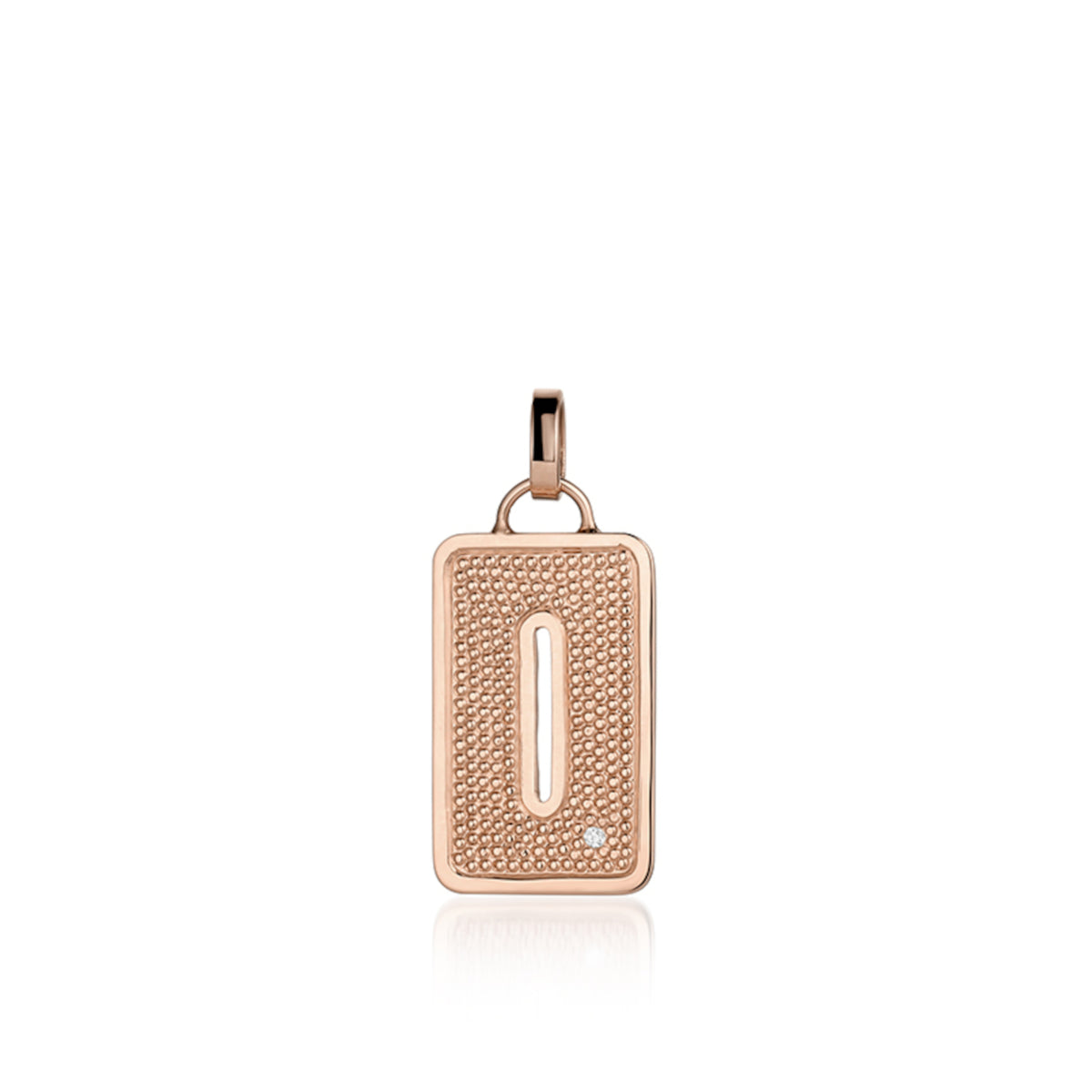 14k Rose Gold pendant shaped like the letter O  features single white diamond accent with  textured surface. Pendant only shown on white background.