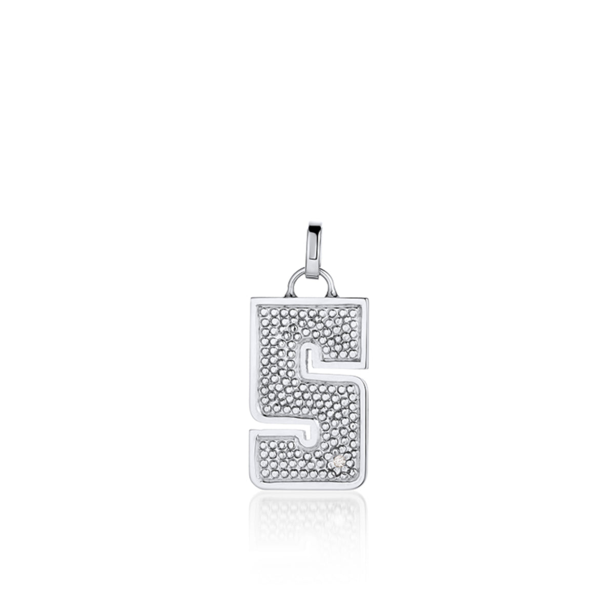 14k White Gold necklace with a pendant shaped like the number 5 features single white diamond accent with  textured surface. Pendant Only shown on white background.