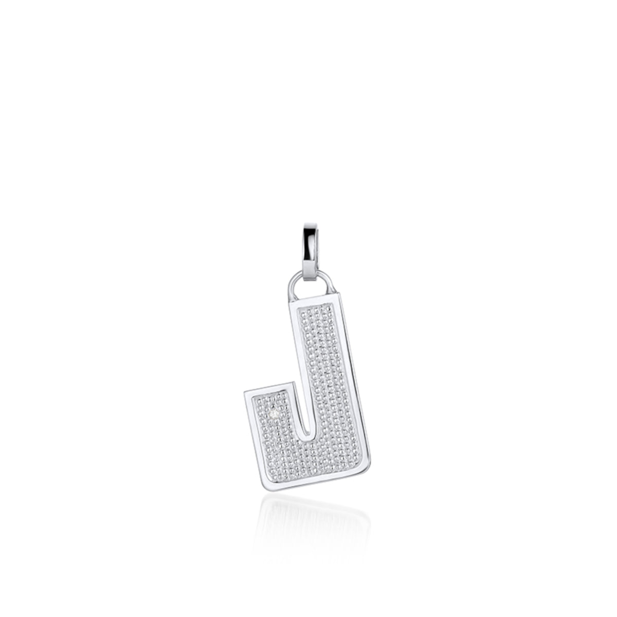 14k white Gold pendant shaped like the letter "J"  features single white diamond accent with  textured surface. Pendant shown on white background.