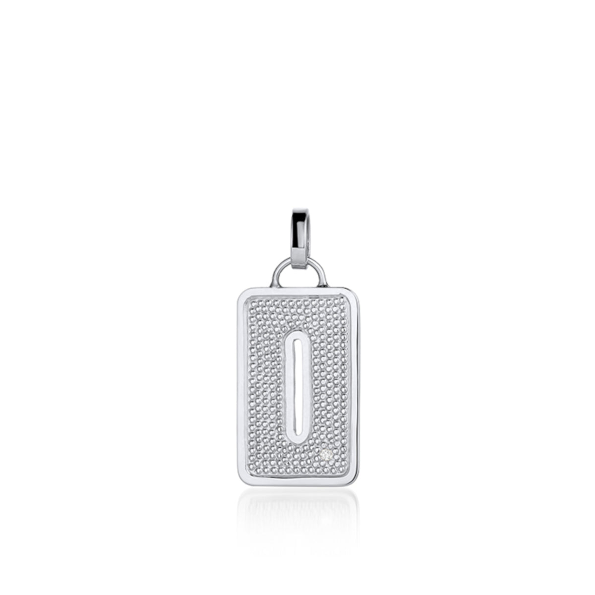 14k white Gold pendant shaped like the letter "O"  features single white diamond accent with  textured surface. Pendant shown on white background.