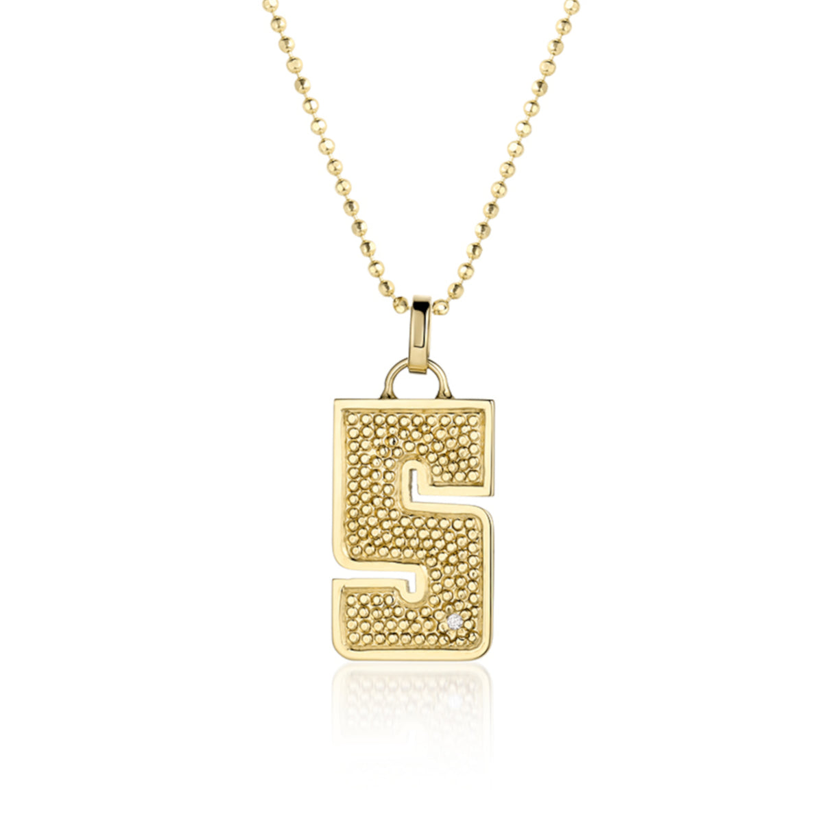 14k Gold necklace with a pendant shaped like the number 5 features single white diamond accent with  textured surface. Pendant  on diamond ball chain shown on white background.