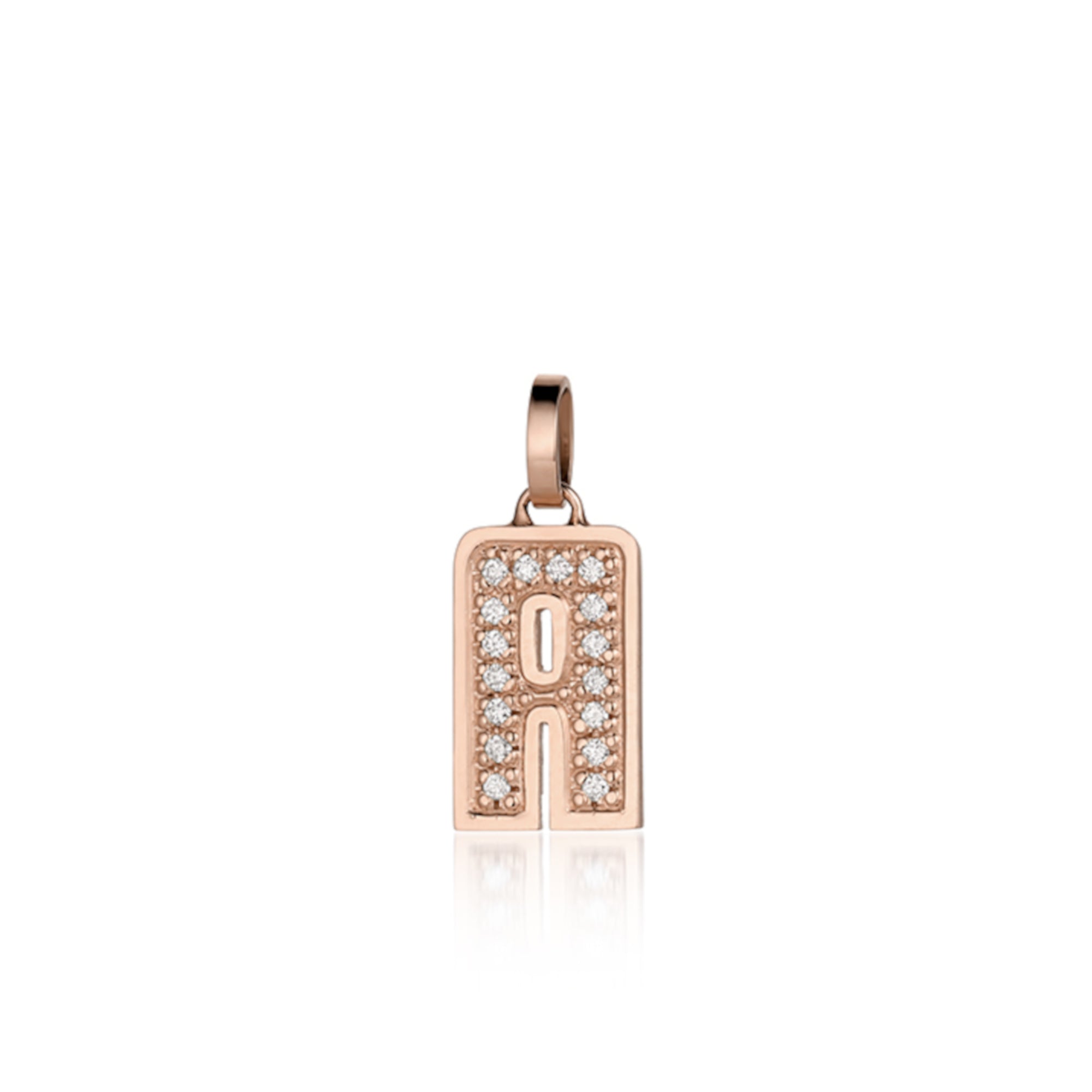 14k rose gold necklace with a diamond-studded letter 'A' pendant on a white background. Shown pendant only  with a white background.