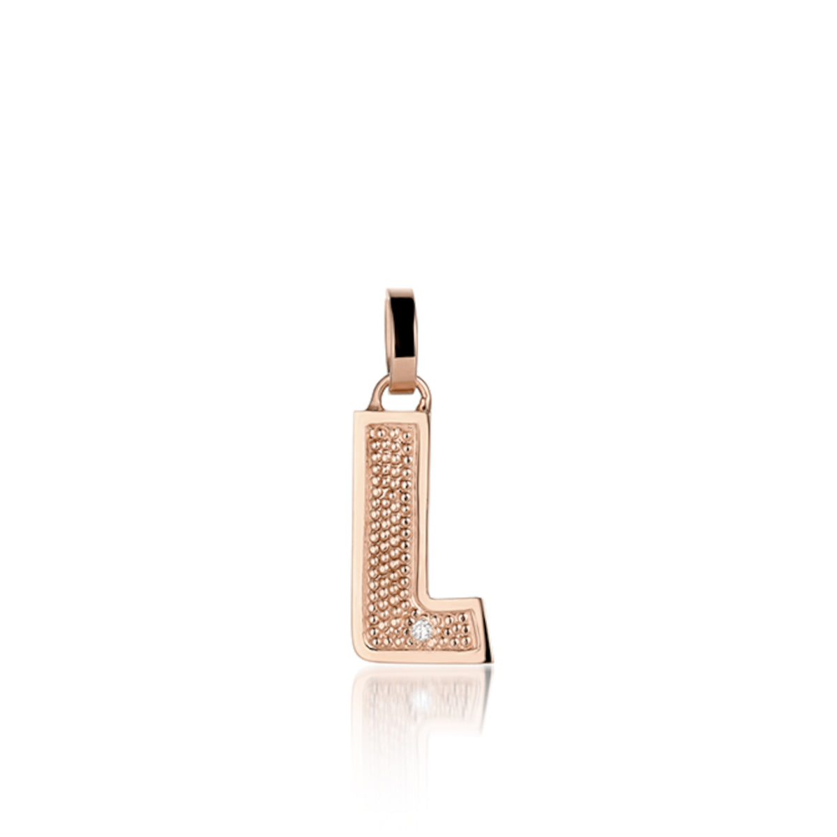 Rose gold pendant shaped like the letter 'L' with a small diamond on a white background