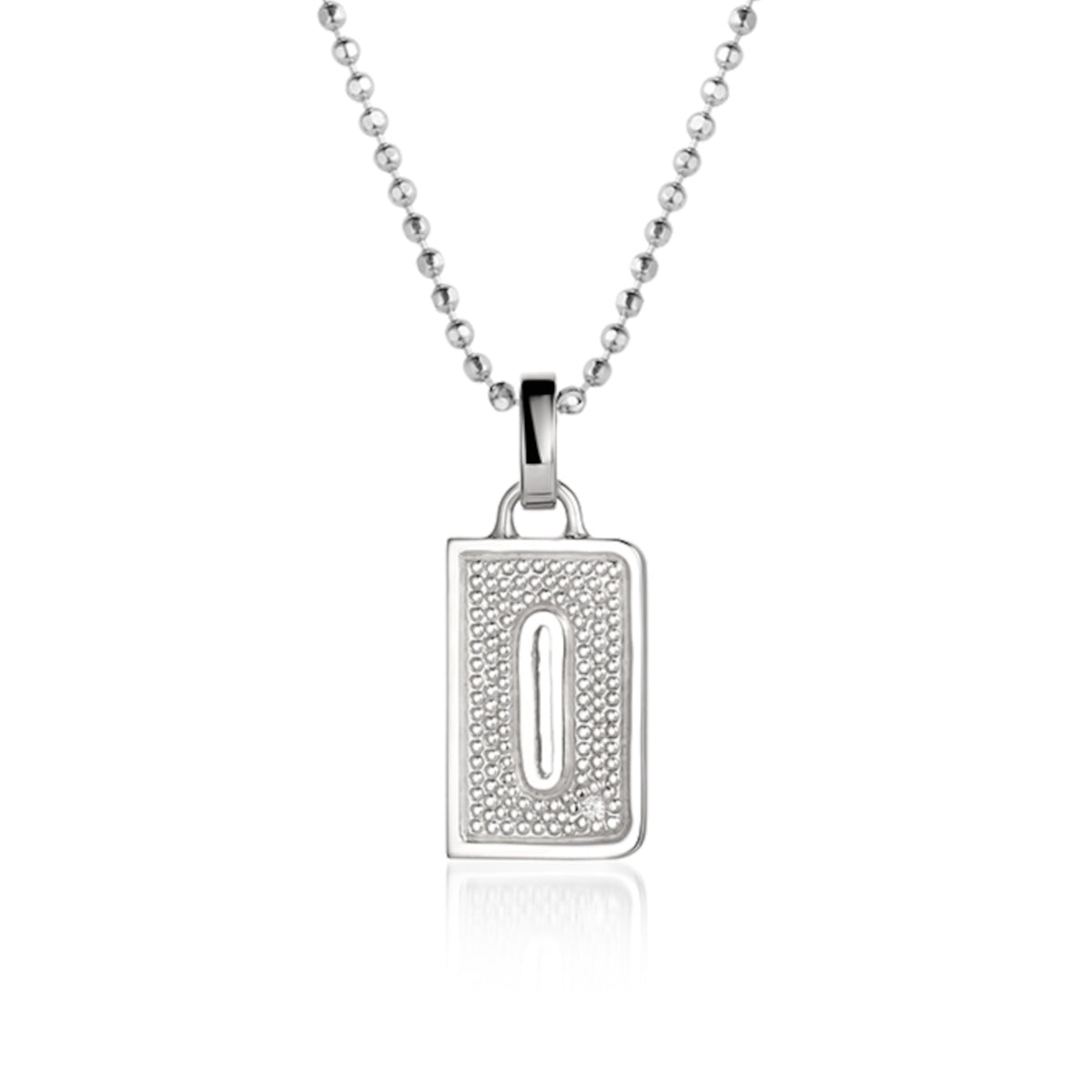 14k white Gold pendant shaped like the letter "D"  features single white diamond accent with  textured surface. Pendant shown on  diamond ball chain with white background.