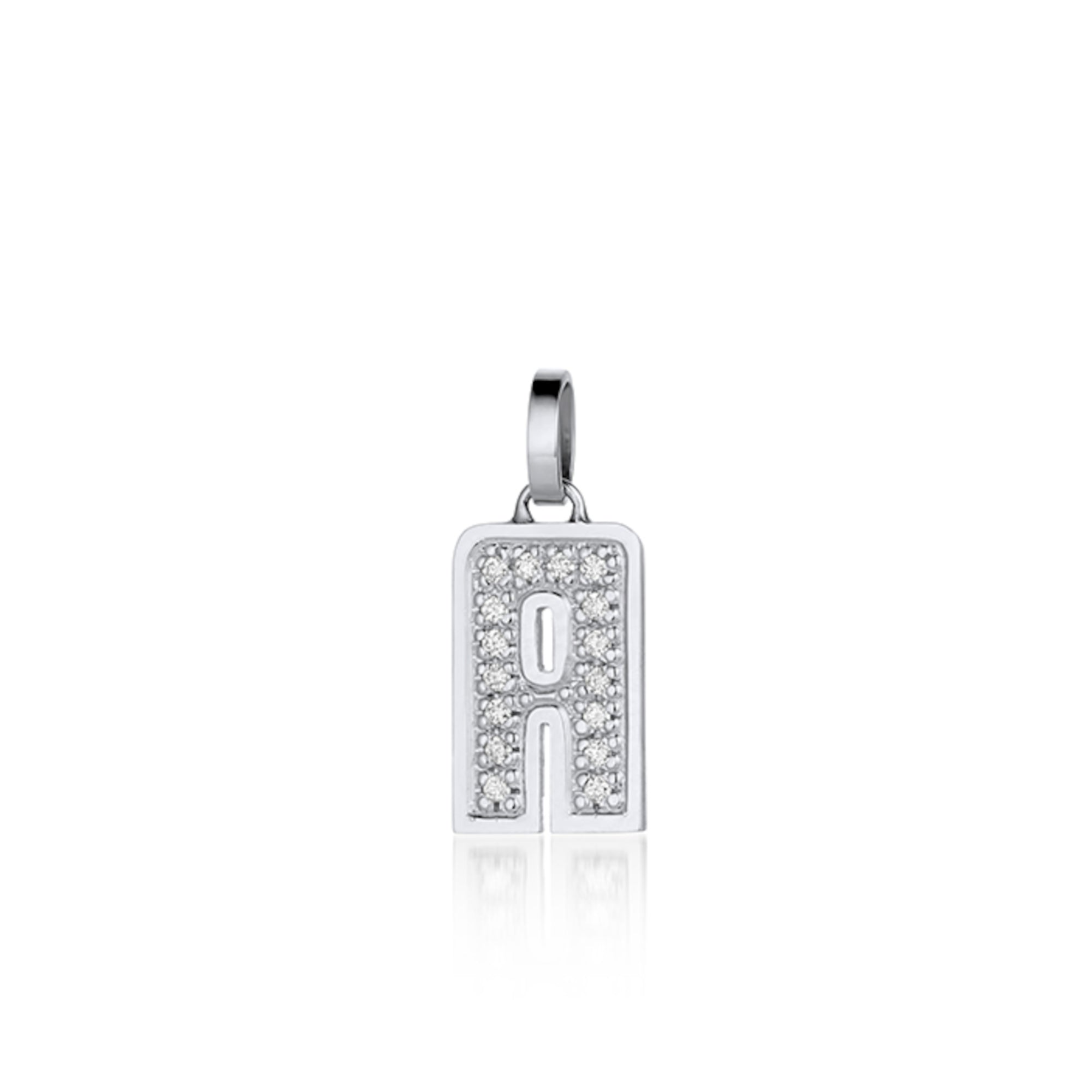 14k white gold necklace with a diamond-studded letter 'A' pendant on a white background. Shown pendant only  with a white background.