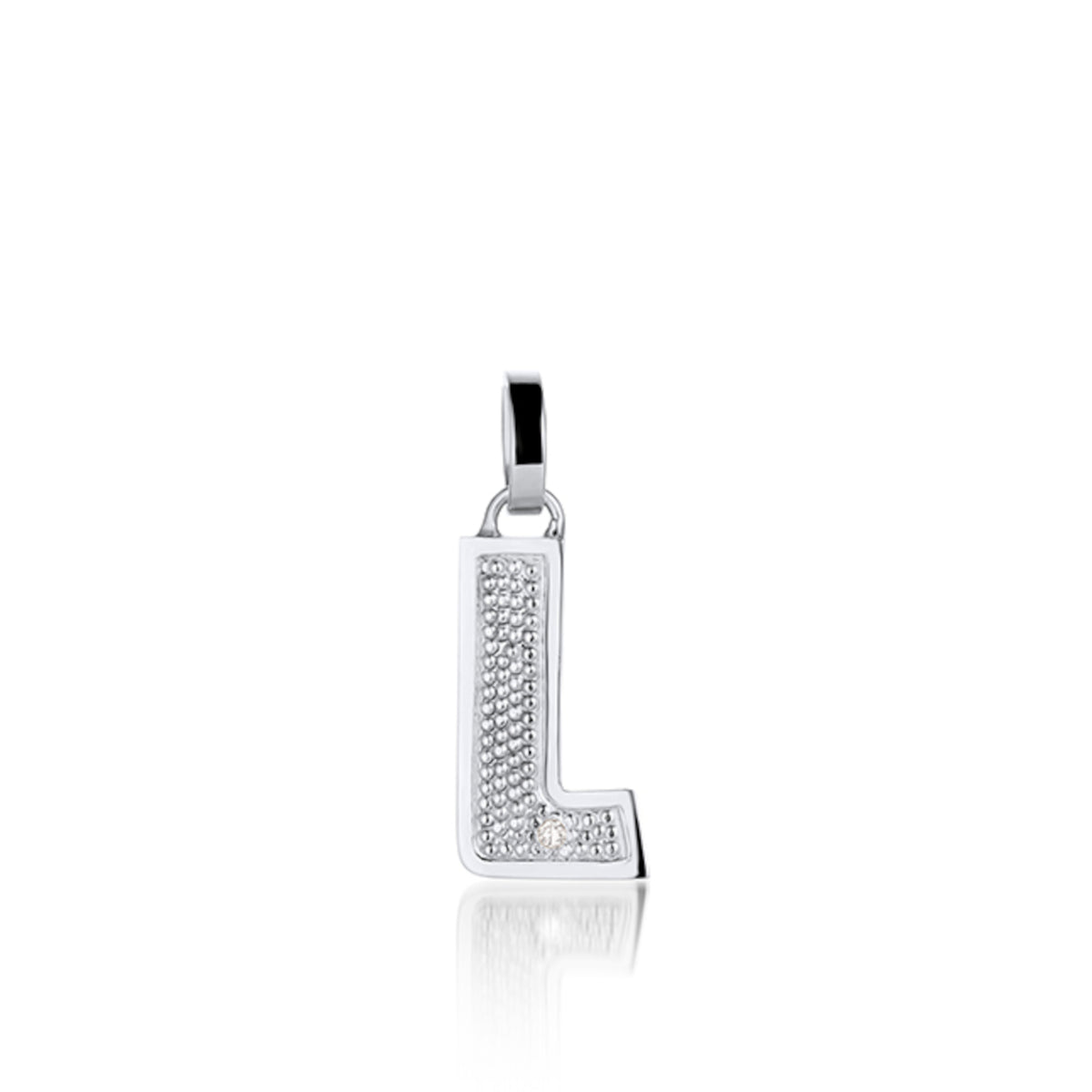 14k white Gold pendant shaped like the letter 'L'  features single white diamond accent with  textured surface. Pendant  shown on white background.