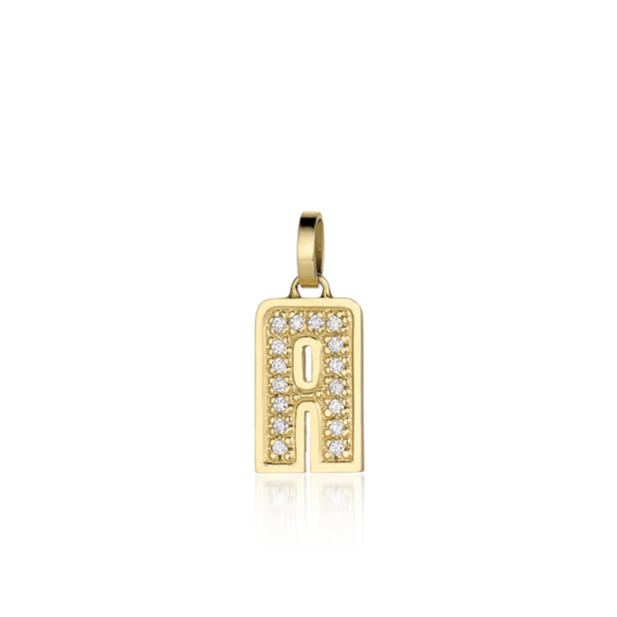 14k rose gold necklace with a diamond-studded letter 'A' pendant on a white background. Shown pendant only  with a white background.