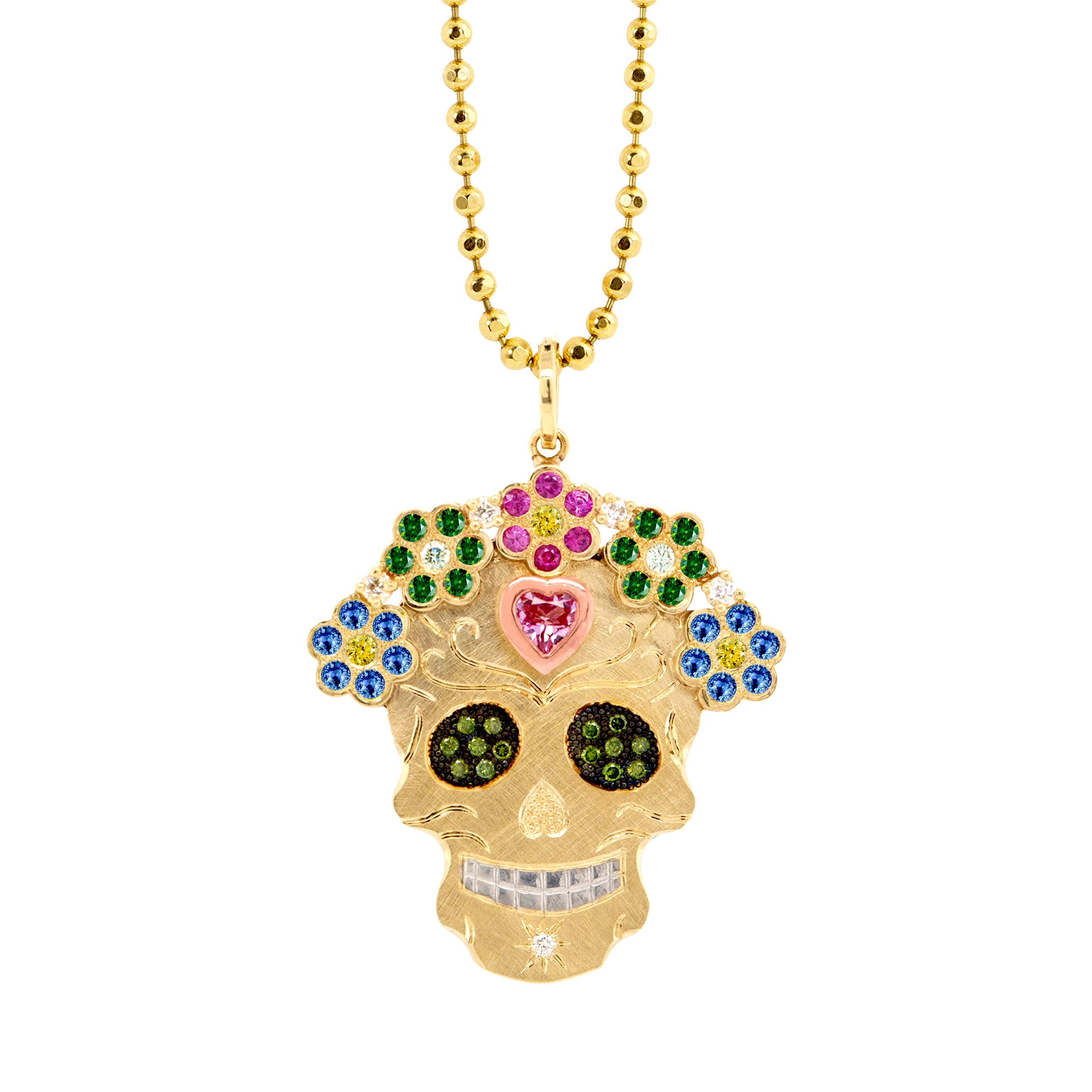 Multi color 14k Yellow and Rose gold Julez Bryant original Ghostrider Collection Mi Amore gemstone encrusted sugar skull extra large pendant. 14k solid yellow gold mixed diamond sapphires and Tzavorite. Fine detail engraving highlights features. Crown of flower clustered jewels in mixed colors. Rhodium blackened eyes with green Tzavorite pave set gemstone eyes. Large pink sapphire bezel set on forehead with rose gold border. Shown on 2.0mm ball chain.