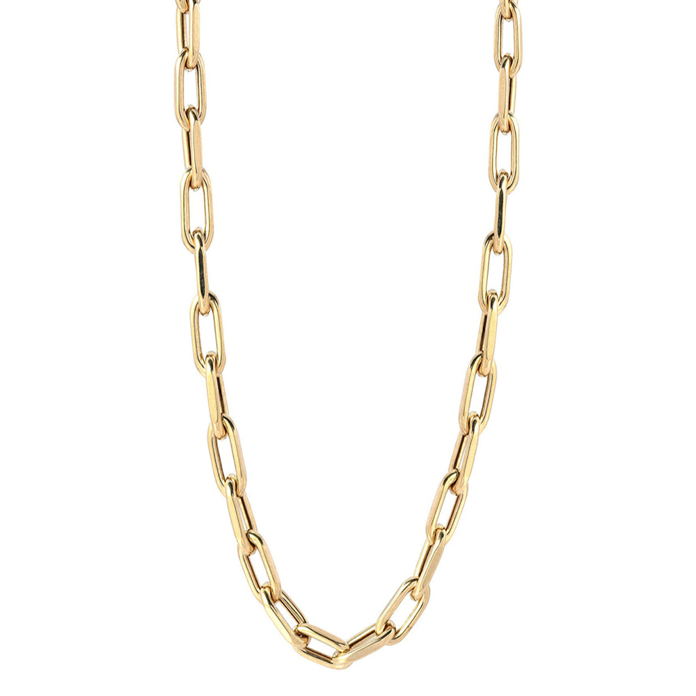 14k yellow Gold chain necklace on a white background. Elongated link paperclip chain necklace by julez bryant in 14k yellow gold