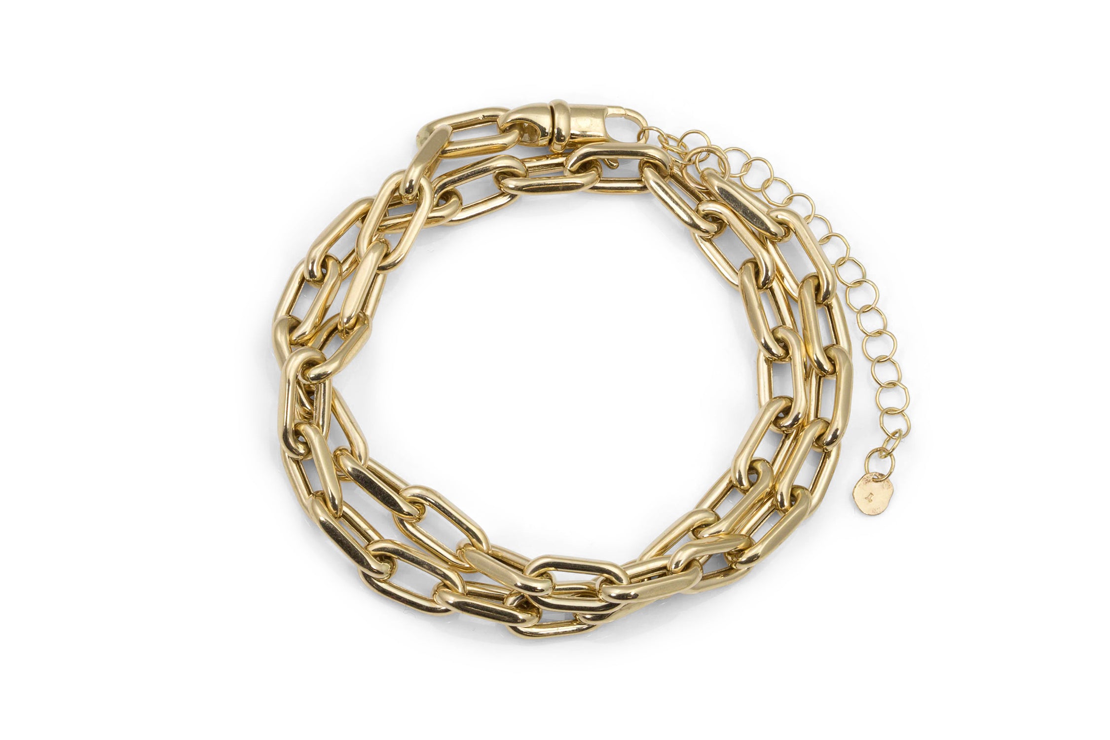 Gold double wrap chunky paperclip link chain bracelet on a white background