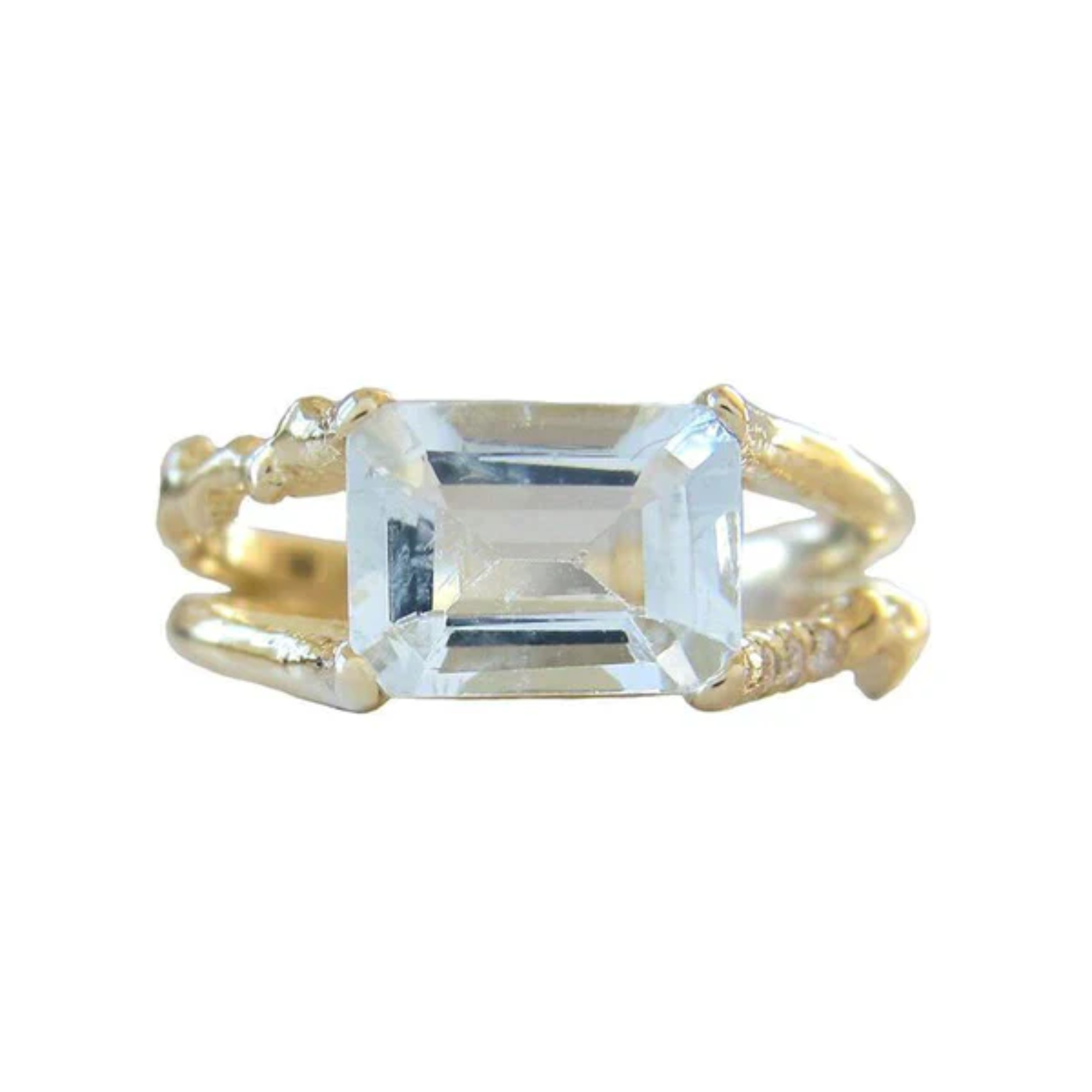 14k gold Emerald-cut aquamarine center Misa ring on white background