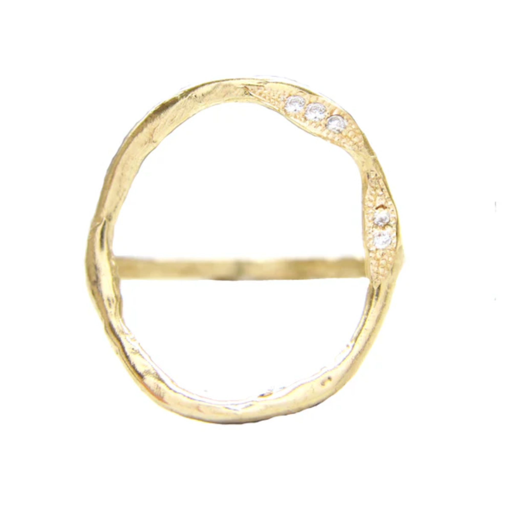 14k yellow gold full open circle ring with white diamonds on white background