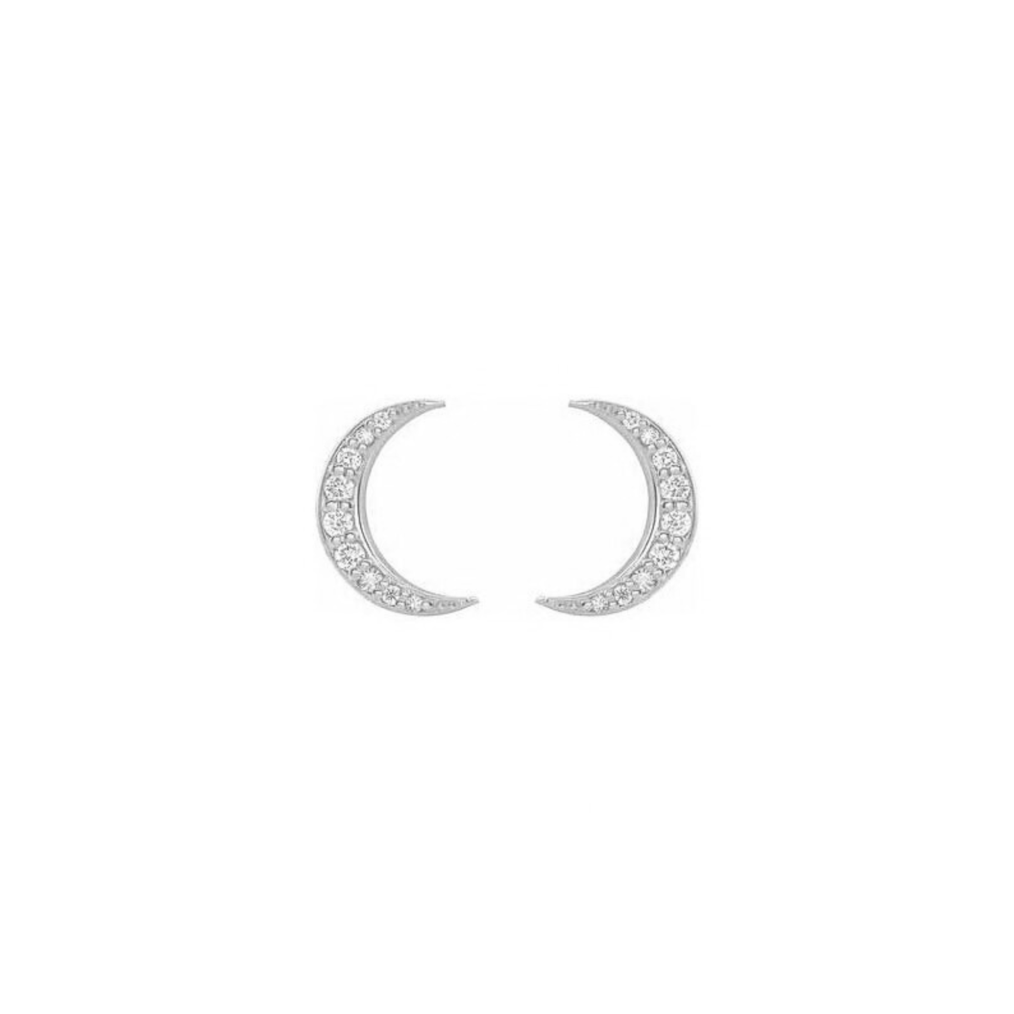 14k white gold moon earrings with pave set white diamonds on white background