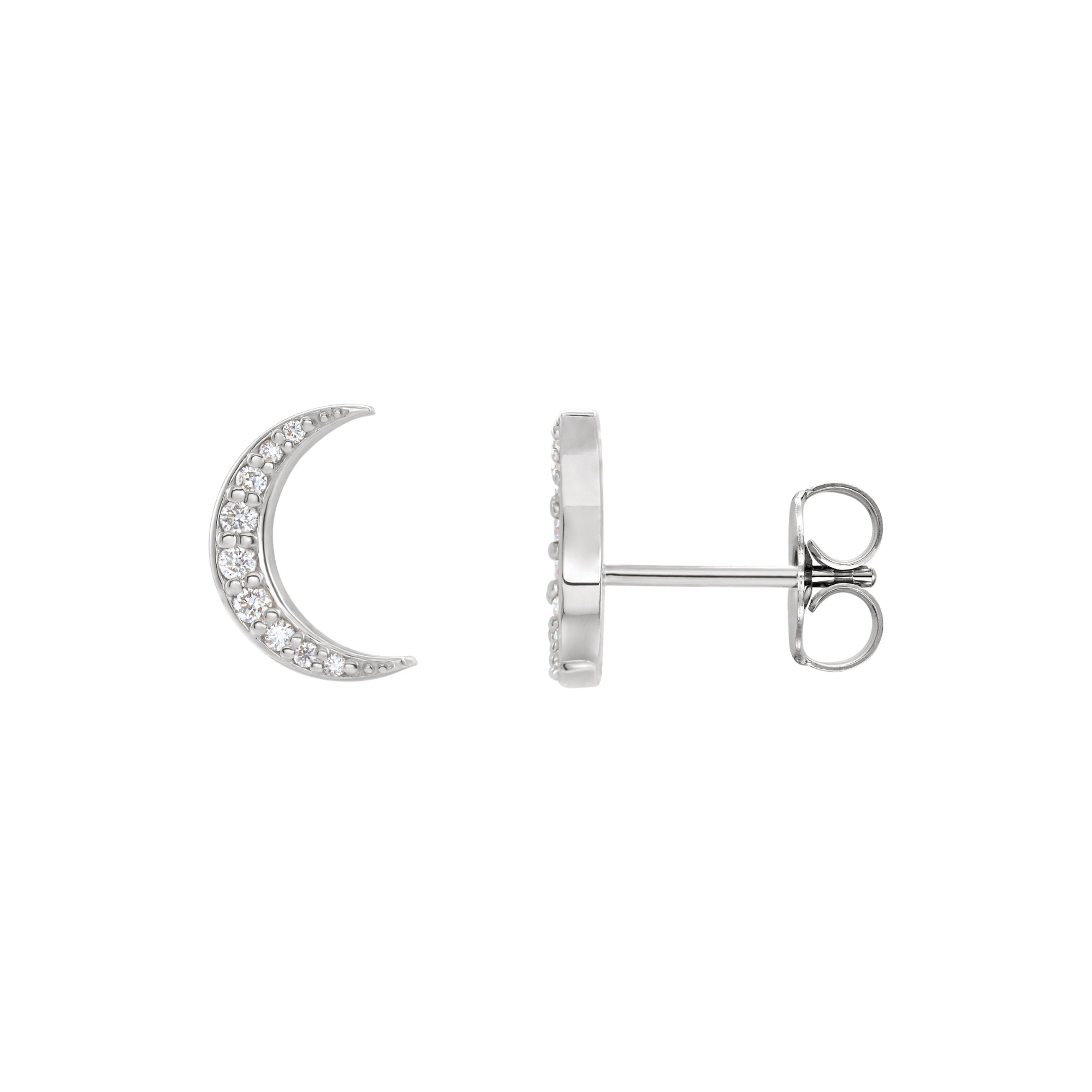 14k white gold moon earrings with pave set white diamonds on white background side view