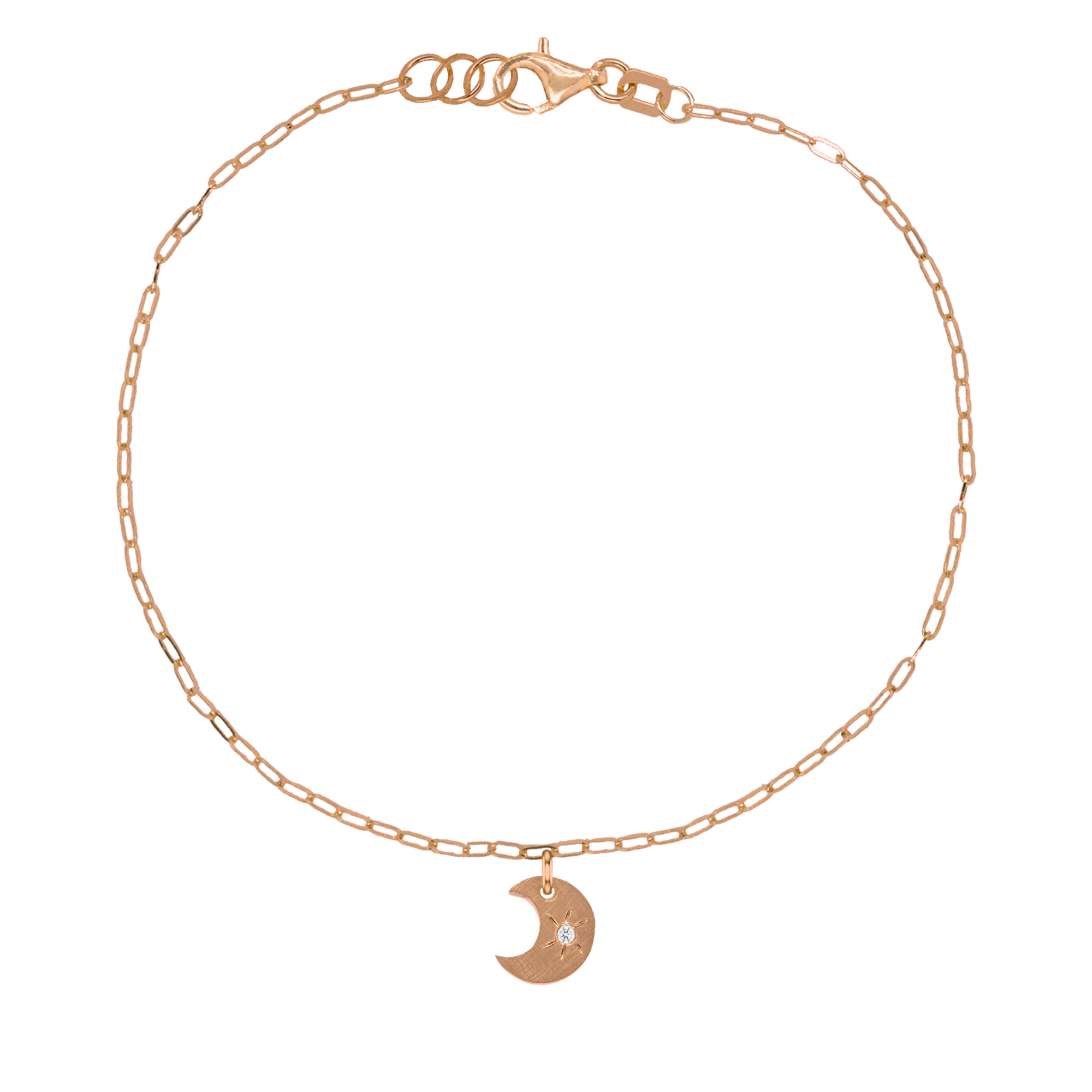 14k rose gold teeny tiny white diamond moon charm with hand etched starburst on paperclip link chain on white background