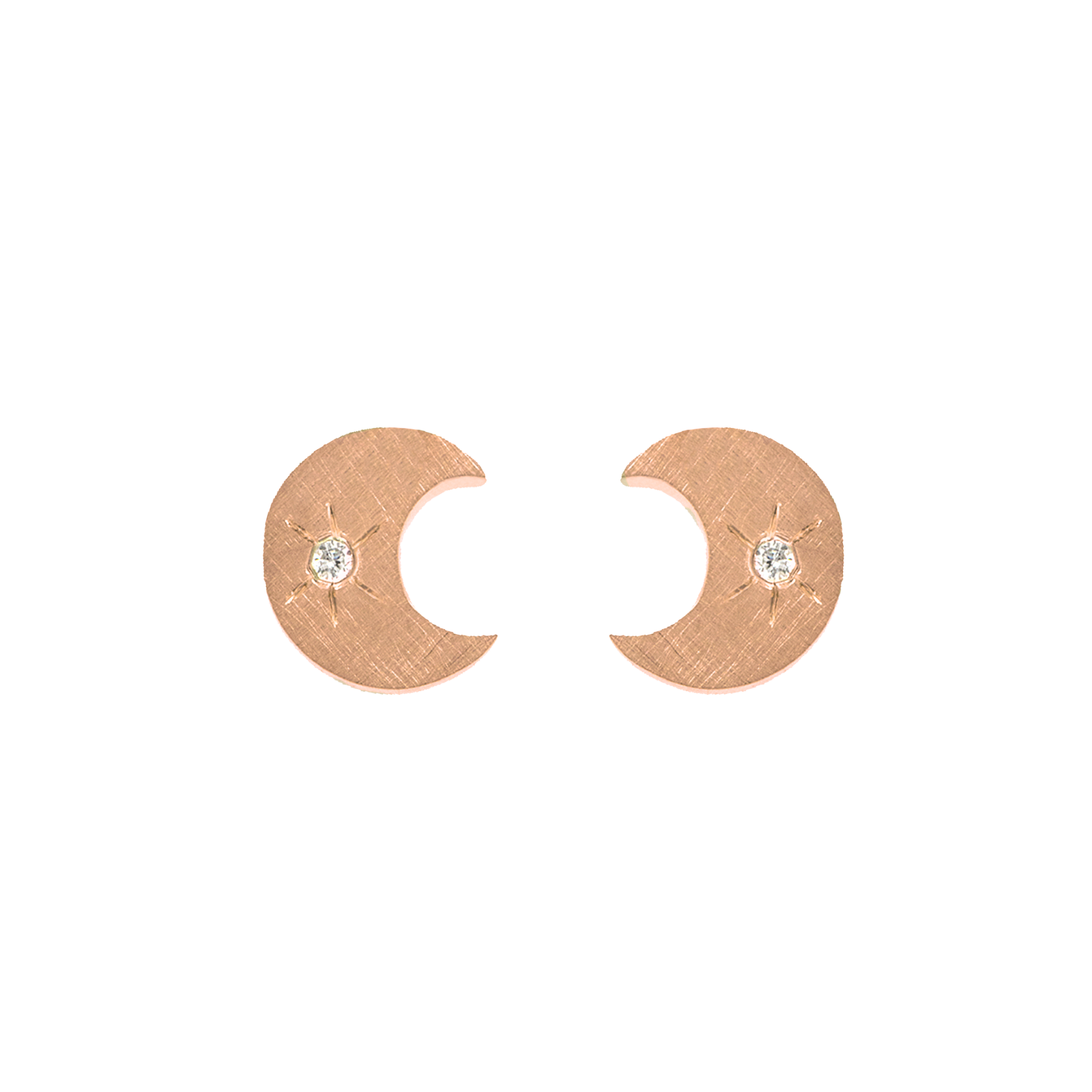 14k rose gold teeny tiny moon earring with hand etched starburst with white diamonds on white background