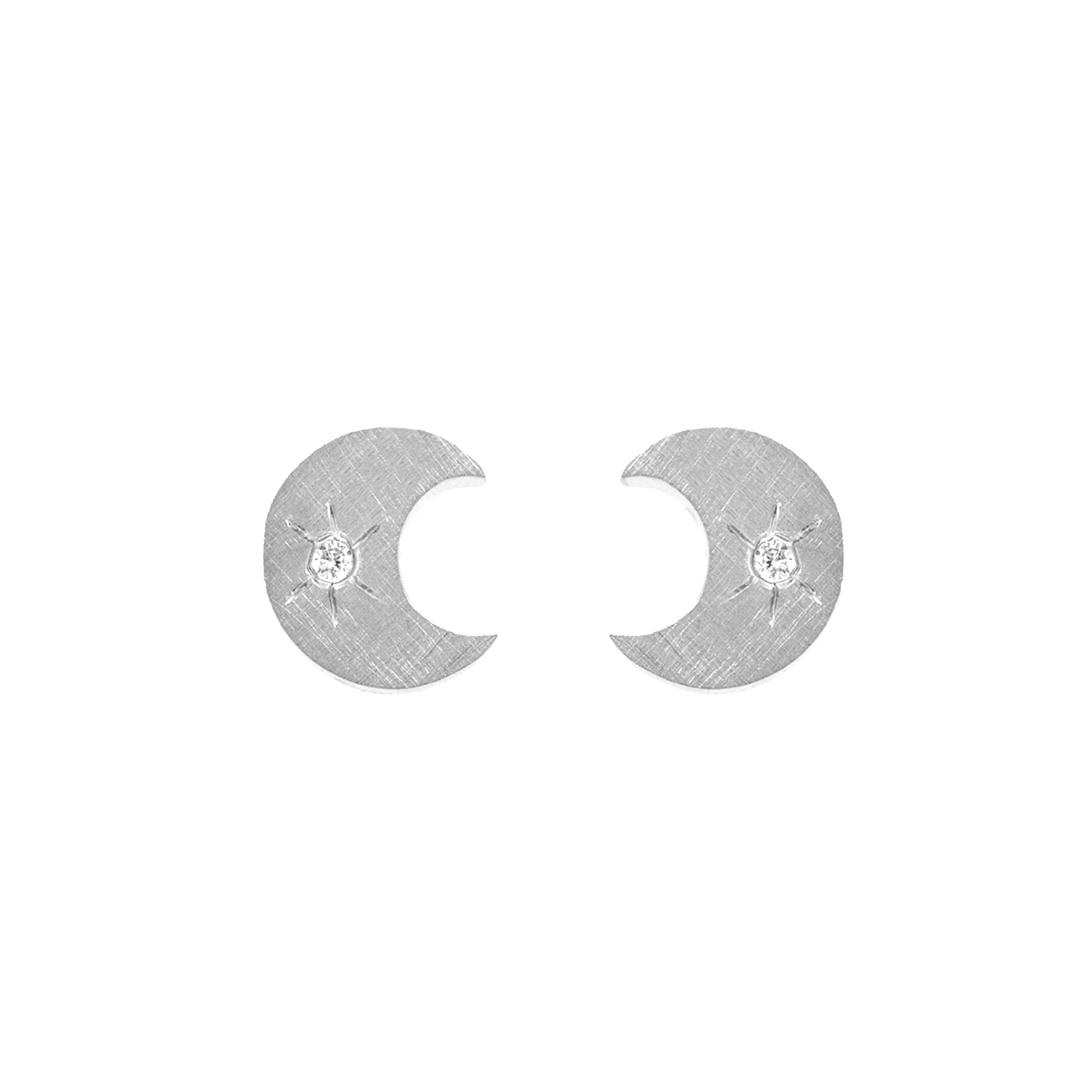 14k white gold teeny tiny moon earring with hand etched starburst with white diamonds on white background