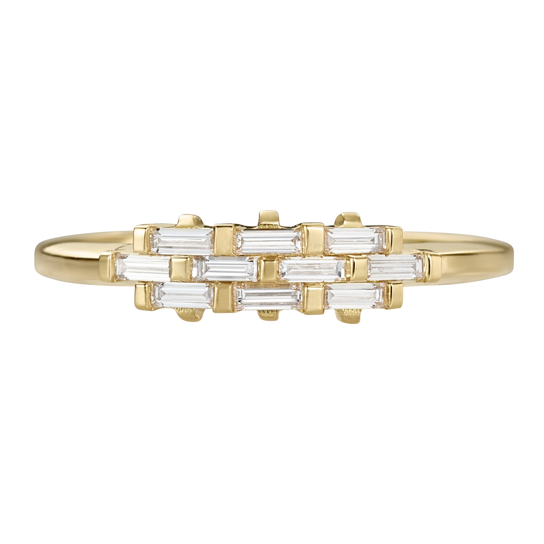 Artemer 18k yellow gold woven baguette diamond ring on white background