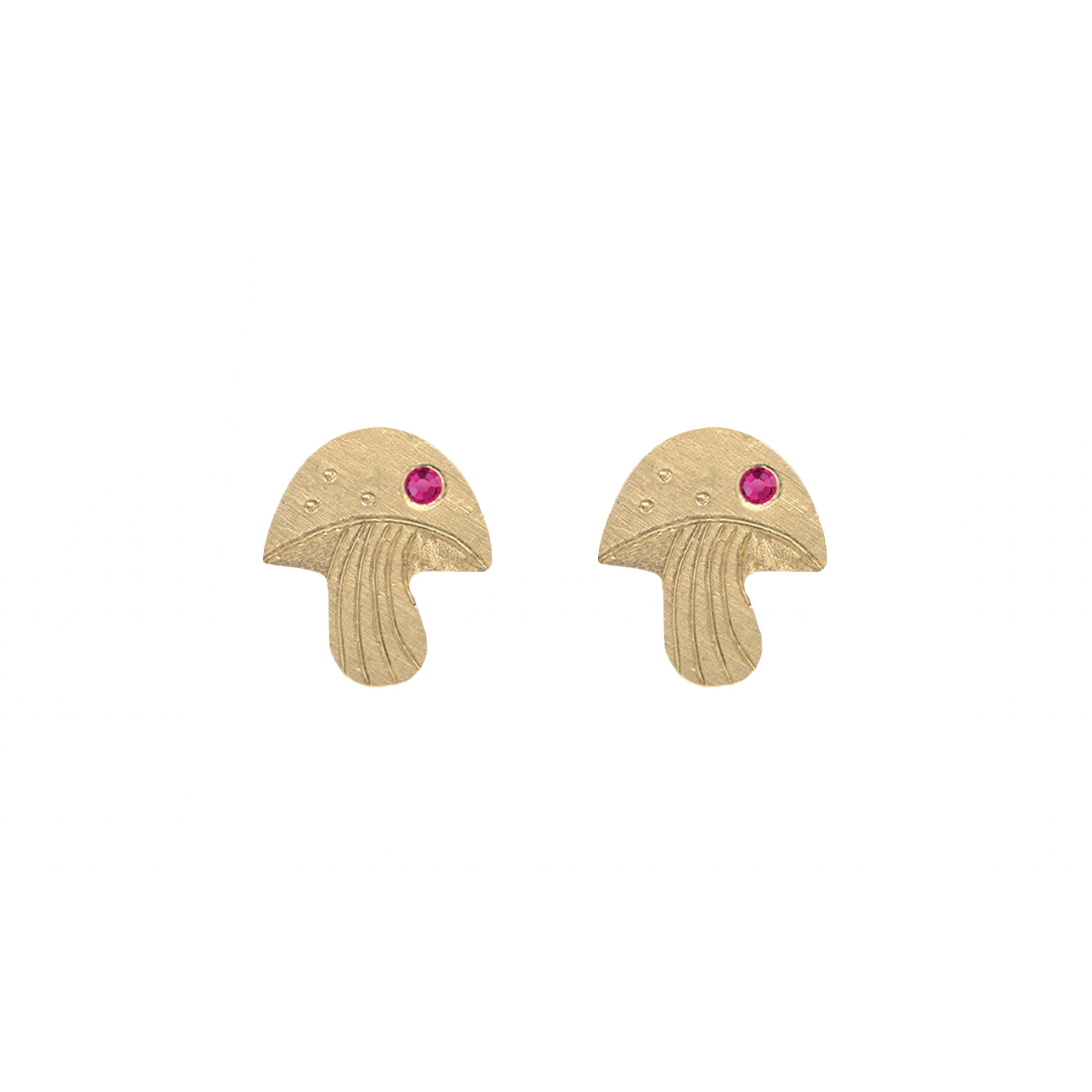 14k gold teeny tiny mushroom earrings with pink sapphire on white background