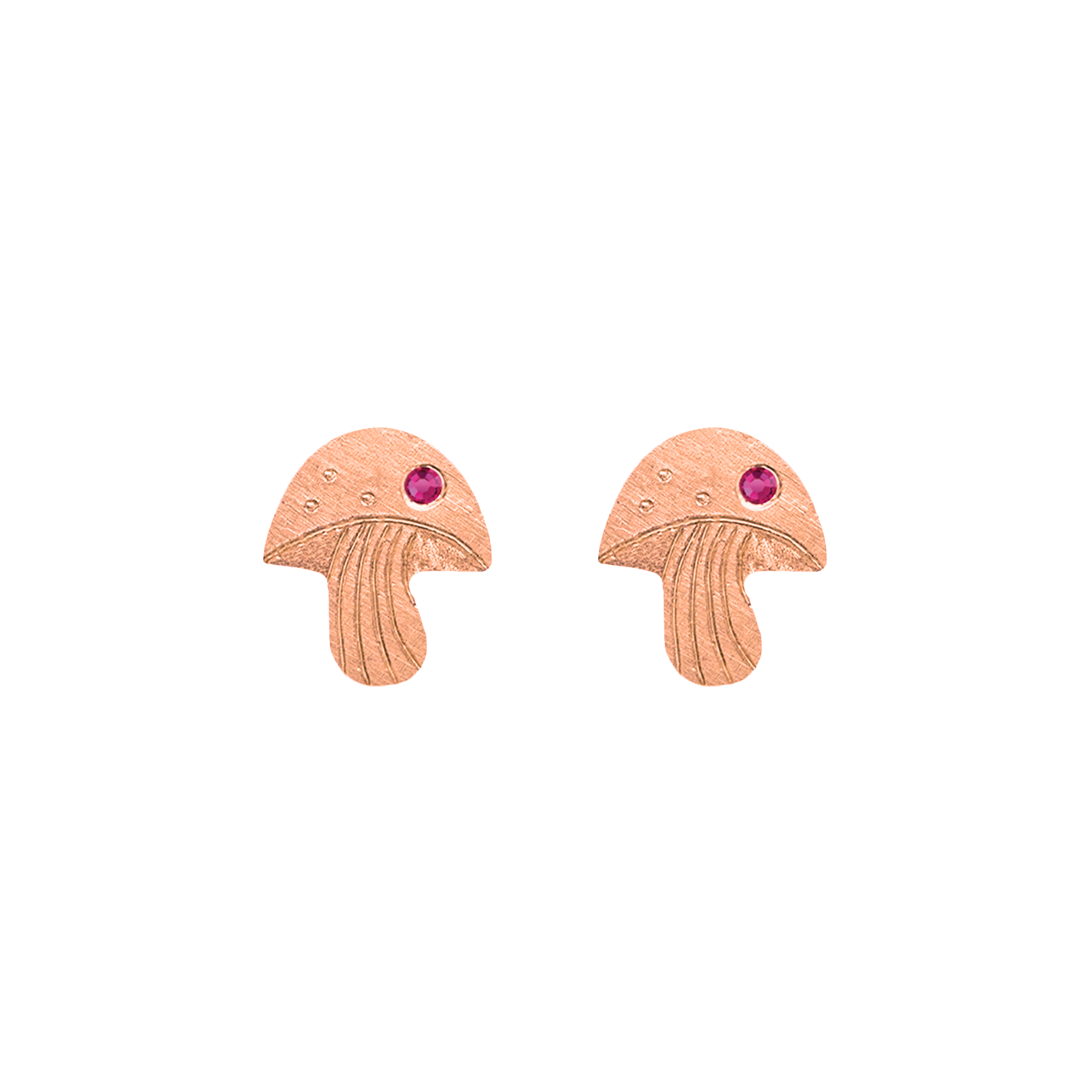 14k rose gold teeny tiny mushroom earrings with pink sapphire on white background