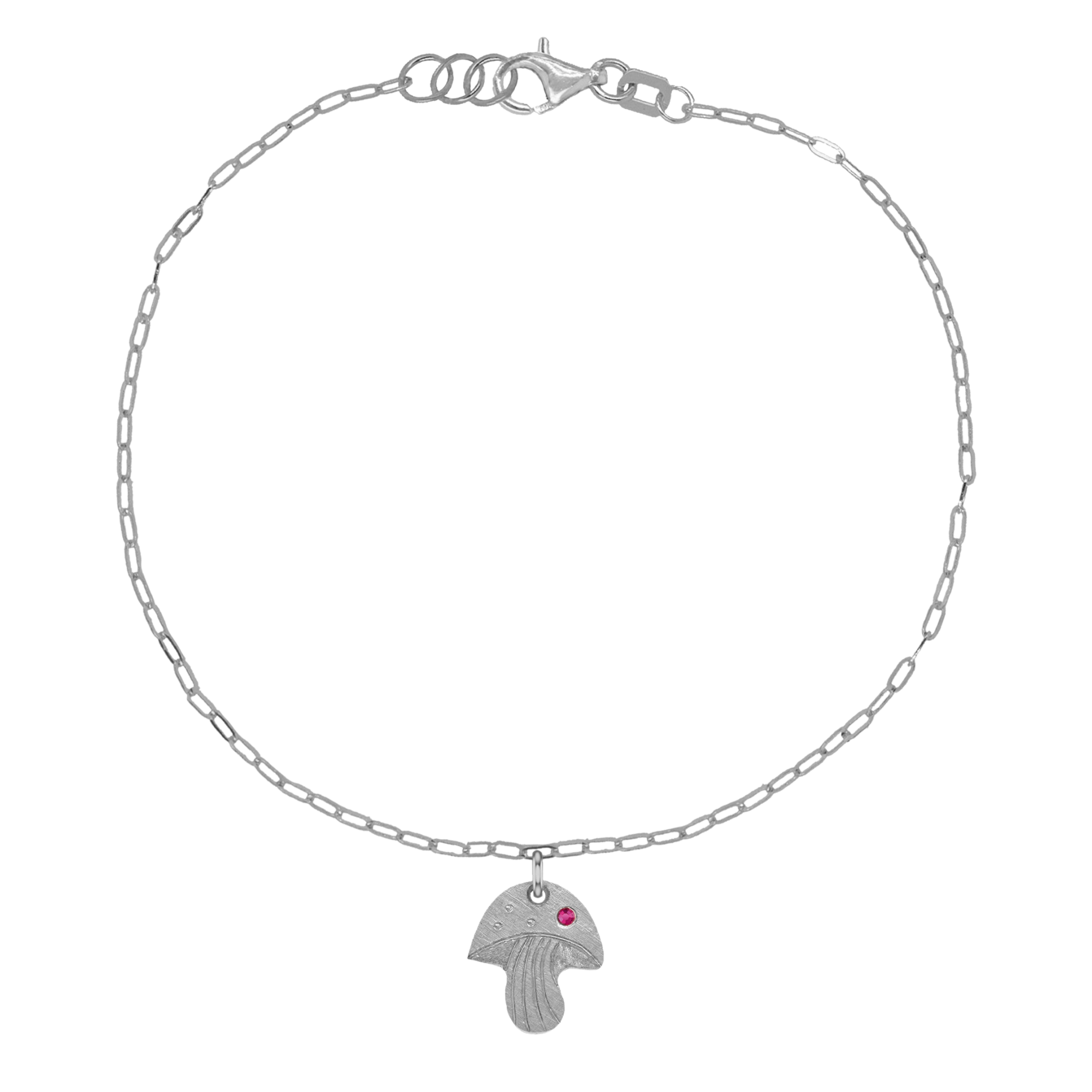14k white gold teeny tiny pink sapphire mushroom charm with hand etched details on paperclip link chain on white background
