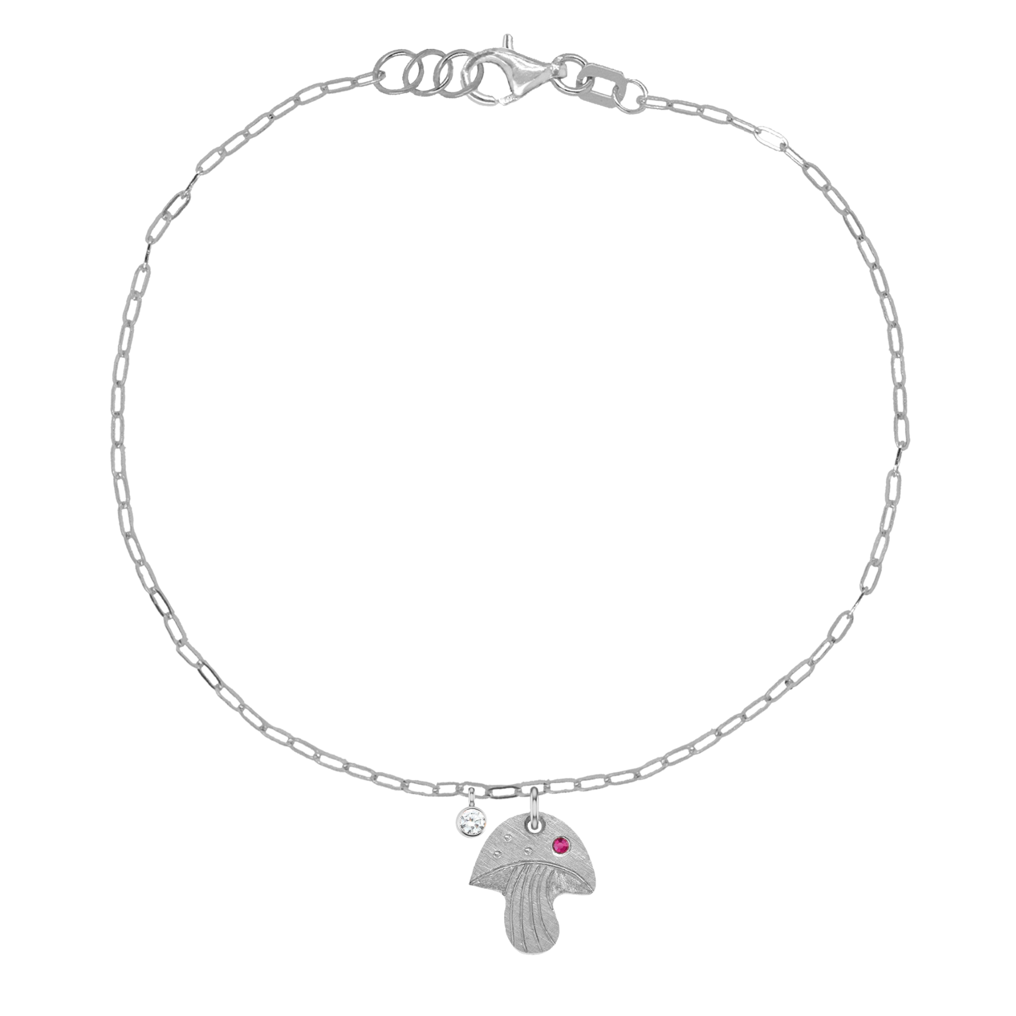 14k white gold teeny tiny pink sapphire mushroom charm with hand etched details on paperclip link chain with bezel set white diamond accent charm on white background
