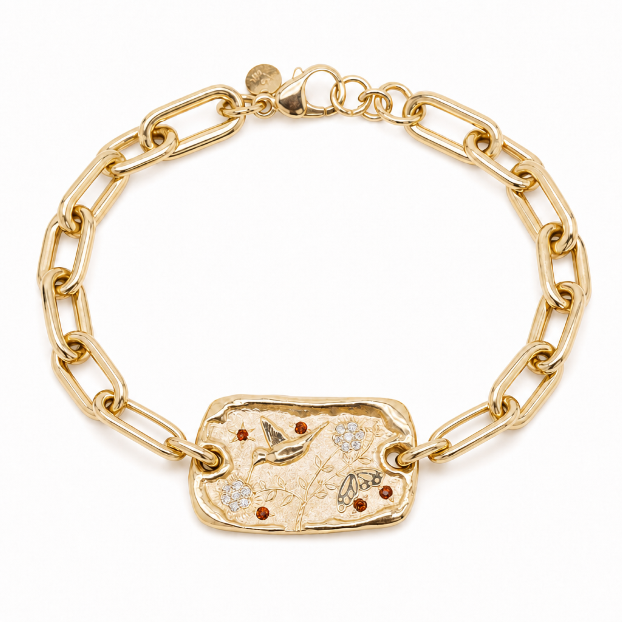 14k yellow gold charm chain bracelet with hummingbird and butterfly accents and white diamonds and sapphire accents on white background