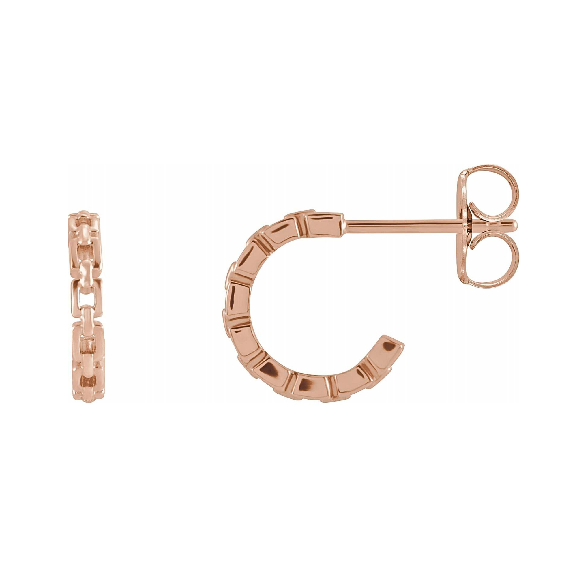 14k rose gold chain link pattern hoop earrings on white background