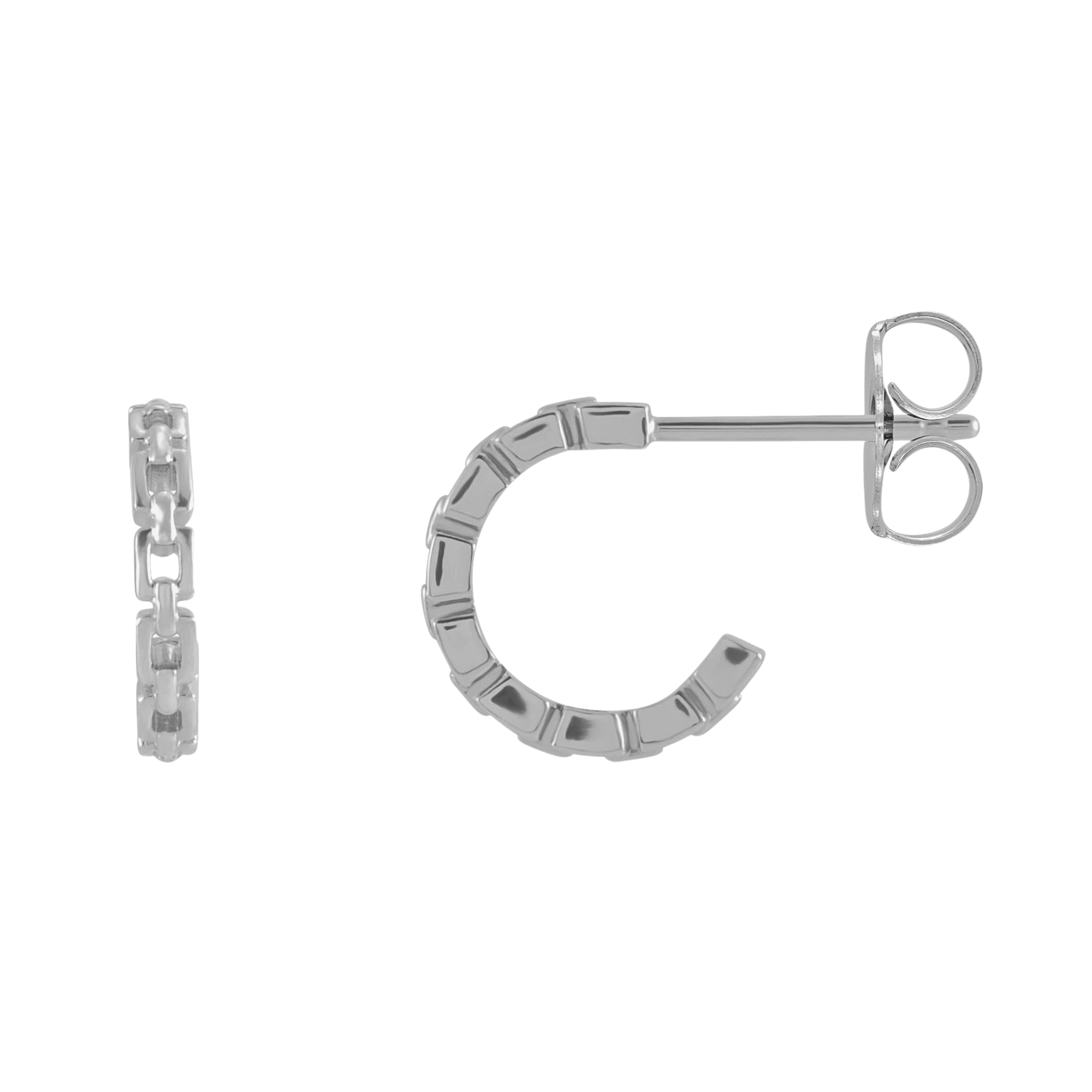 14k white gold chain link pattern hoop earrings on white background
