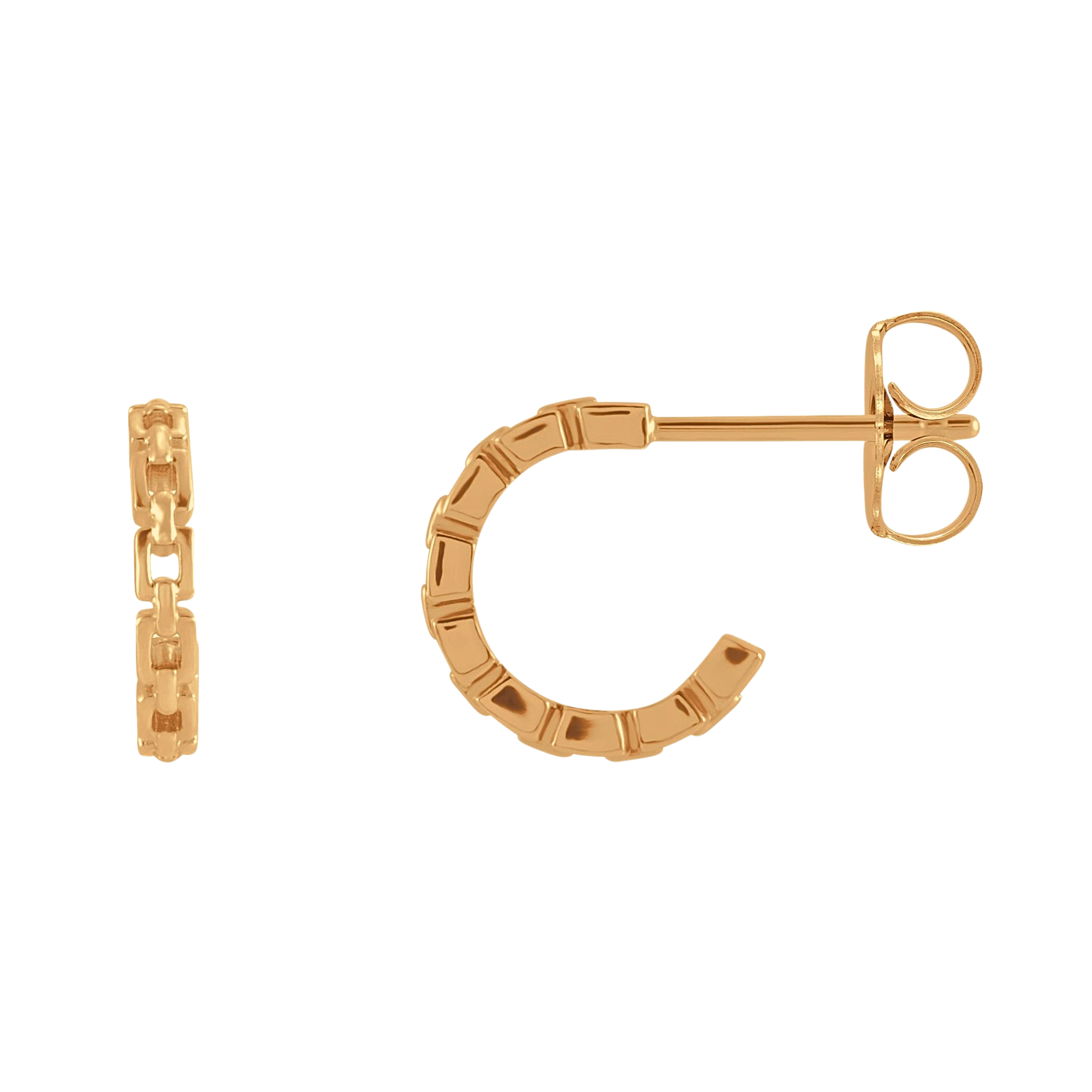 14k yellow gold chain link pattern hoop earrings on white background