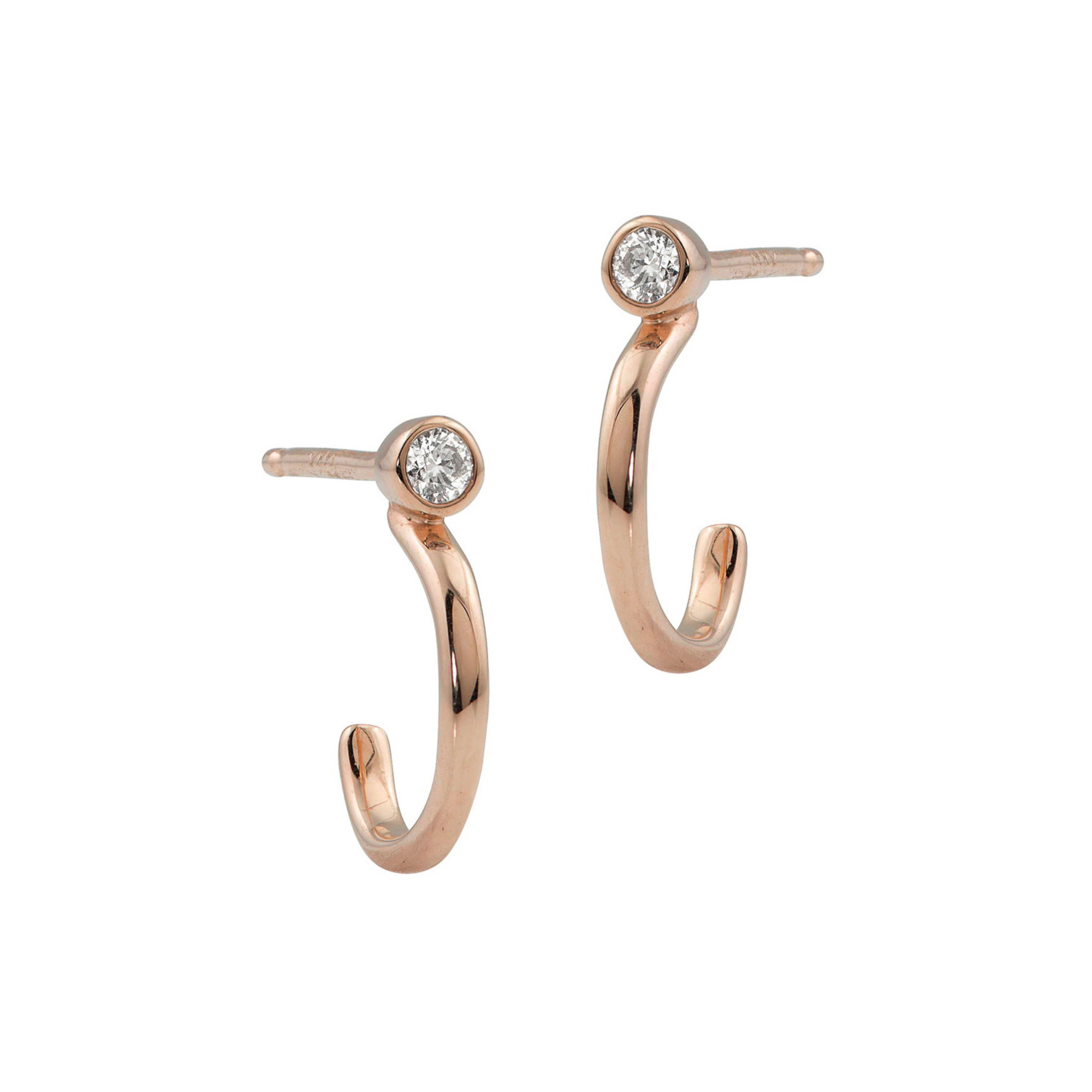 14k rose gold diamond bezel mini hoop stud earrings on white background