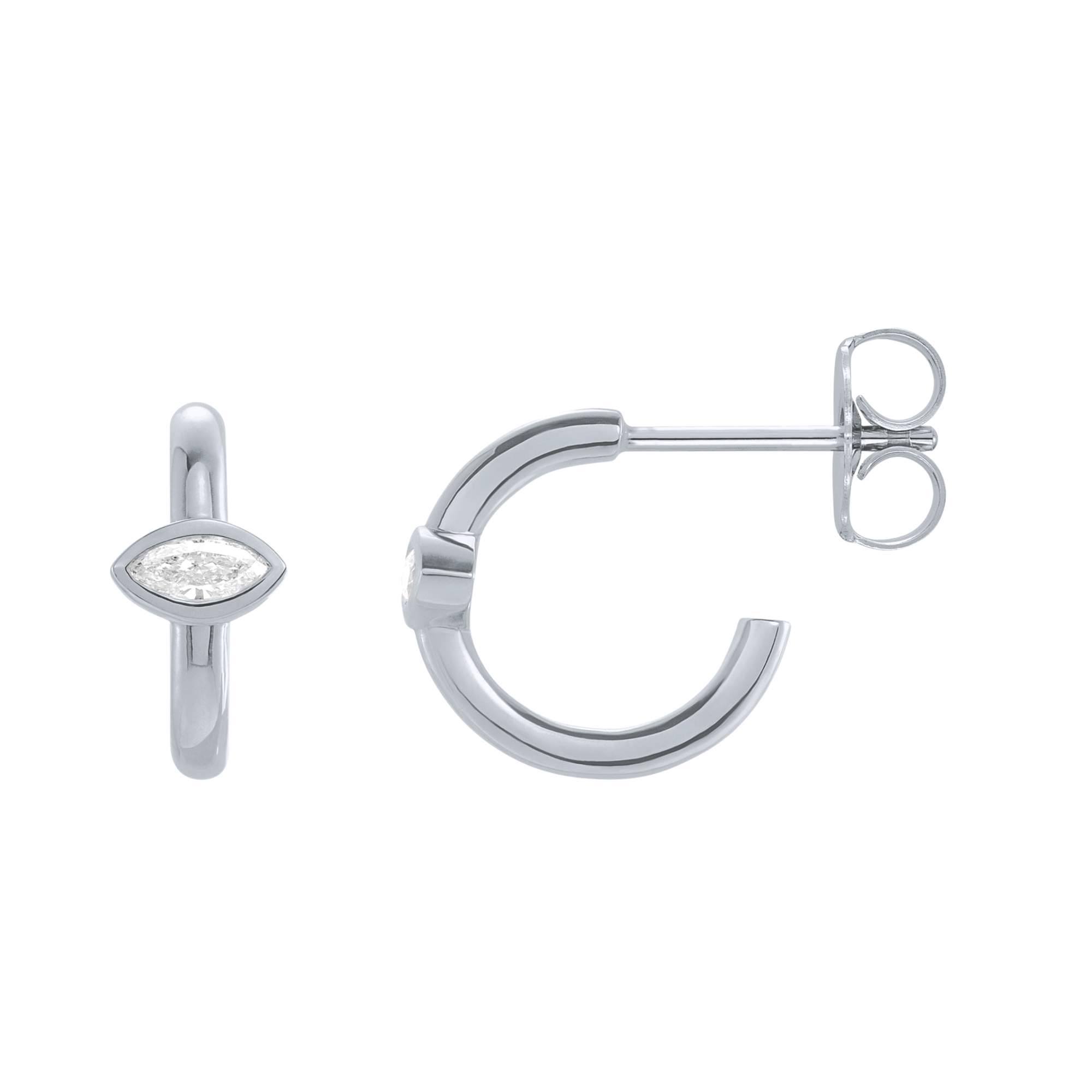 14k white gold open hoop earrings with marquise diamond accent on white background