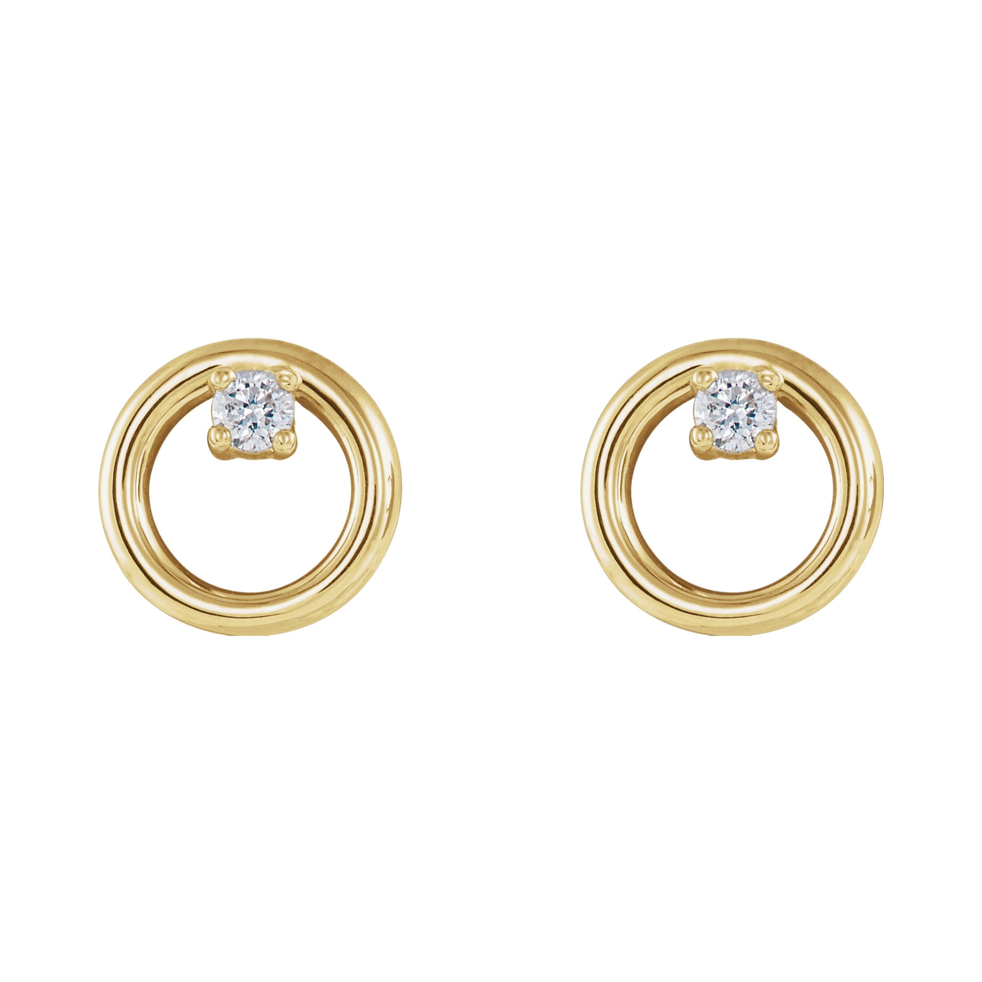 14k yellow gold open circle post earrings with white diamond accents on white background
