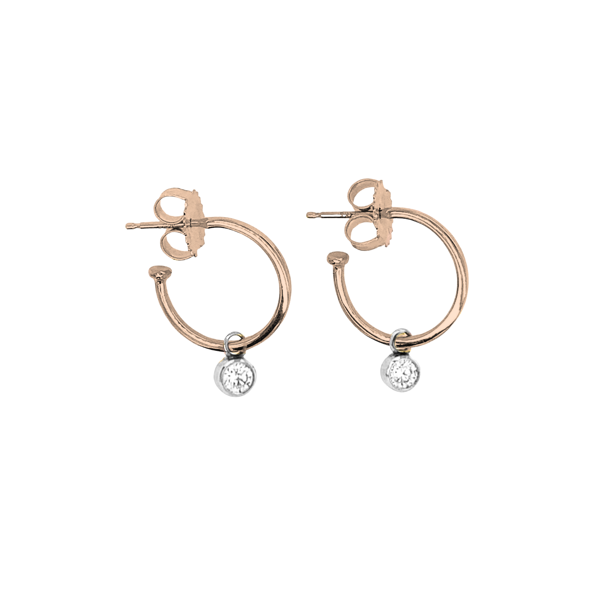 14k rose gold hoop earrings with bezel set white diamond charms on white background