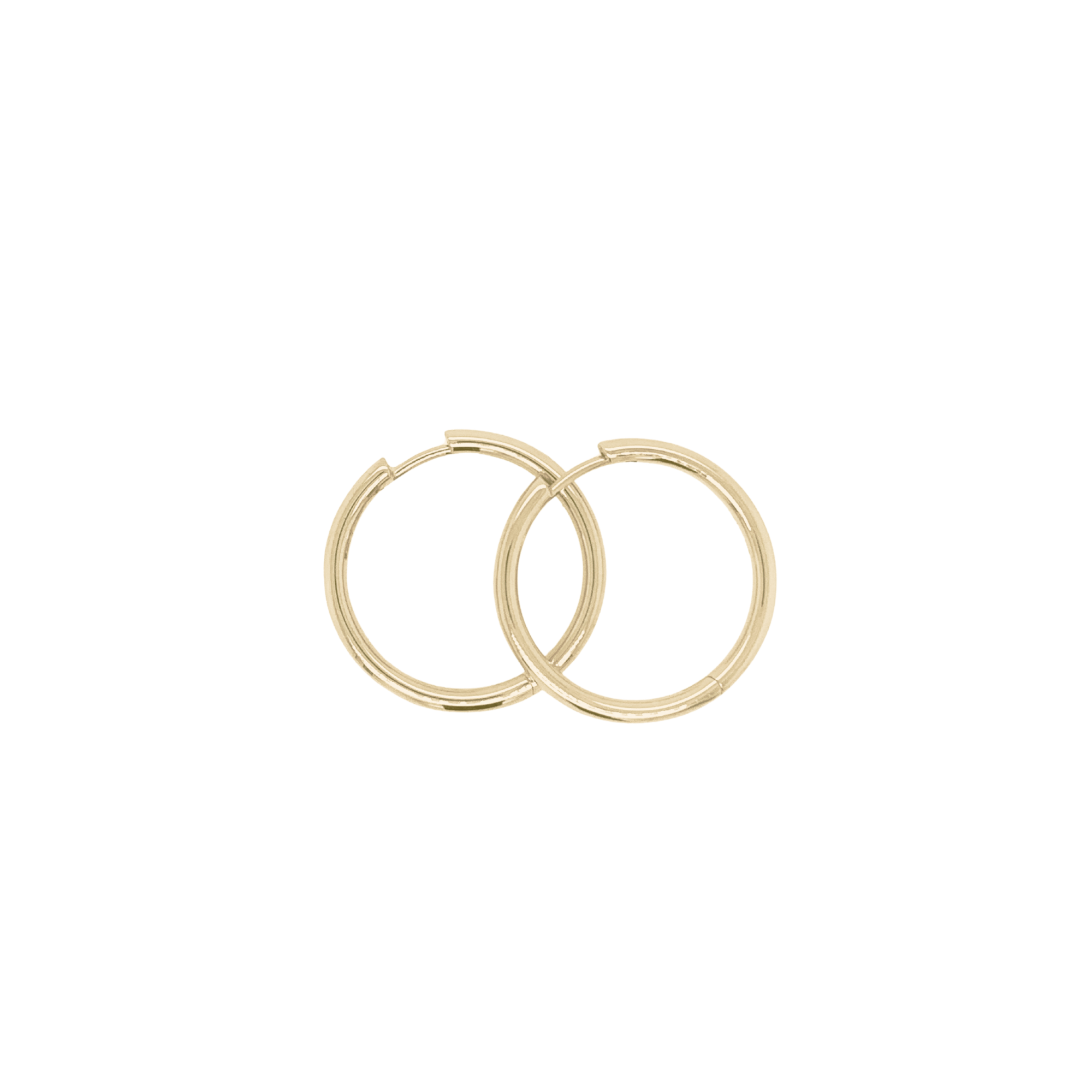 14k yellow gold hinged hoop earrings on white background