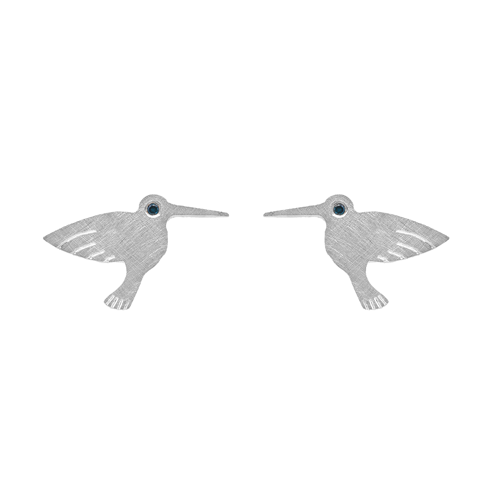 14k white gold teeny tiny hummingbird earrings with teal diamond eyes on white background