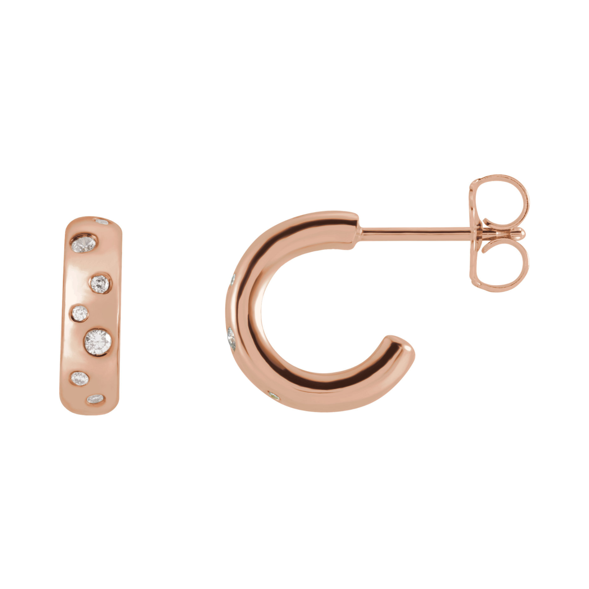 14k rose gold scattered diamond huggie hoop earrings on white background with side view