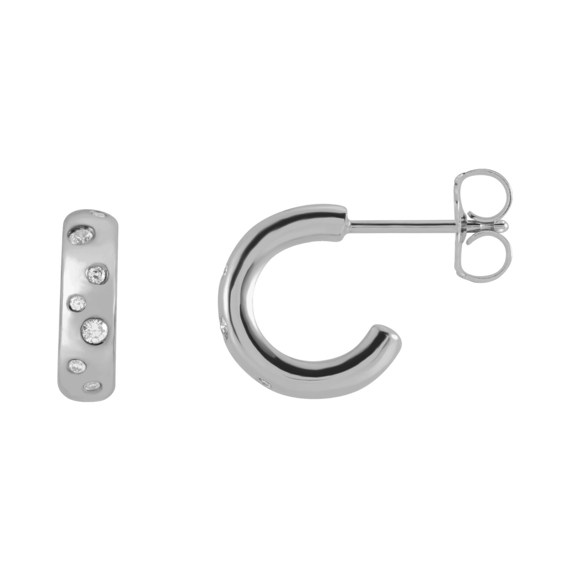 14k white gold scattered diamond huggie hoop earrings on white background with side view