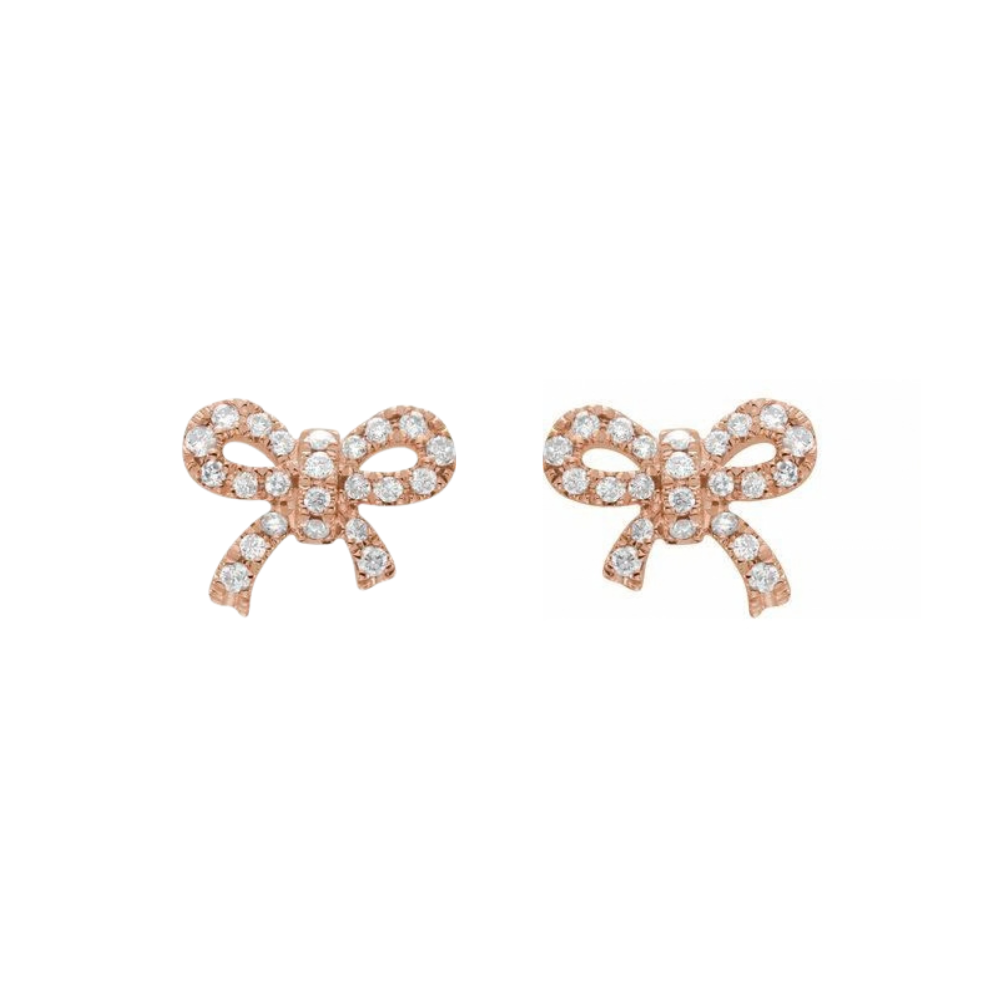 14k rose gold bow earrings with white pave set diamonds on a white background