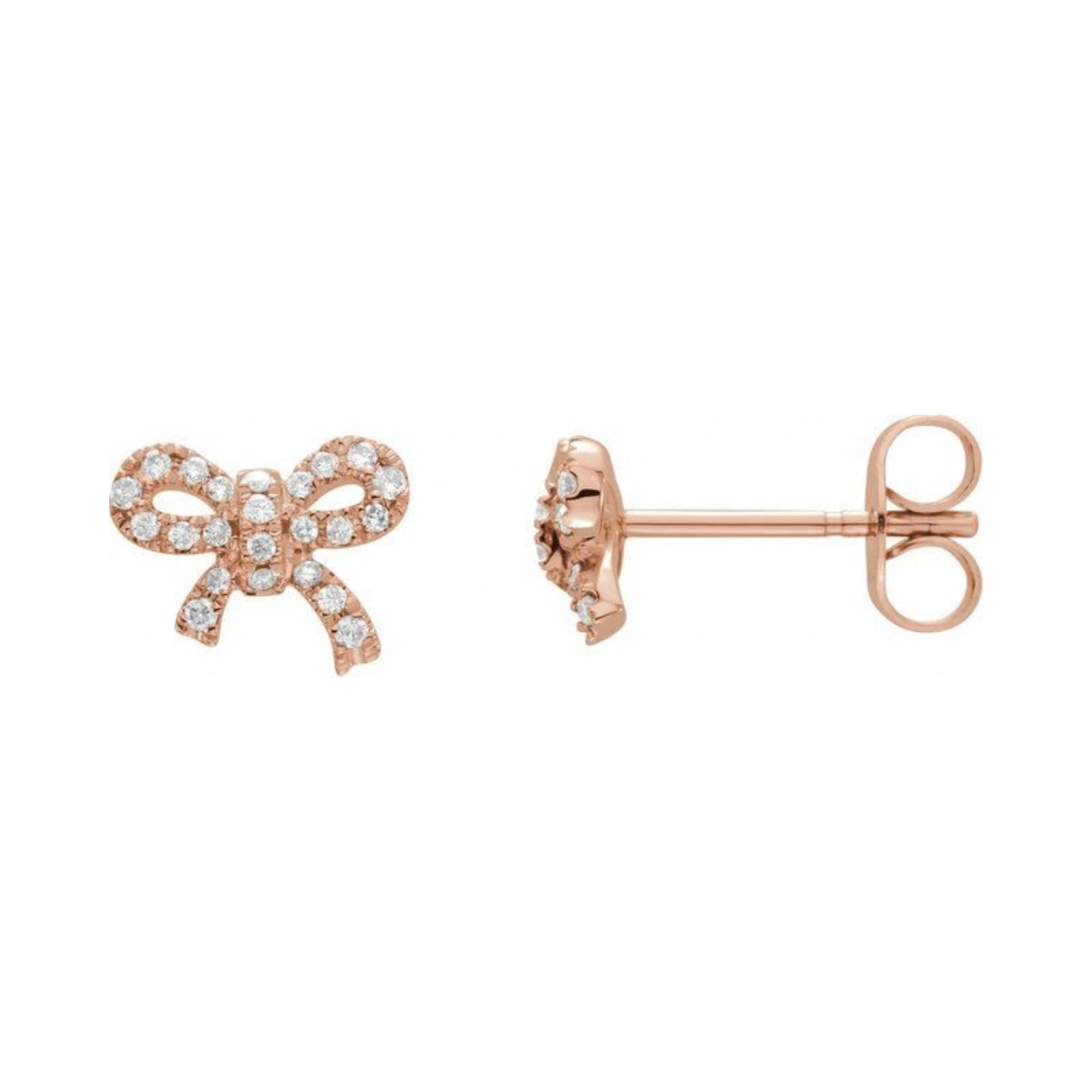 14k rose gold bow earrings with white pave set diamonds on a white background side view
