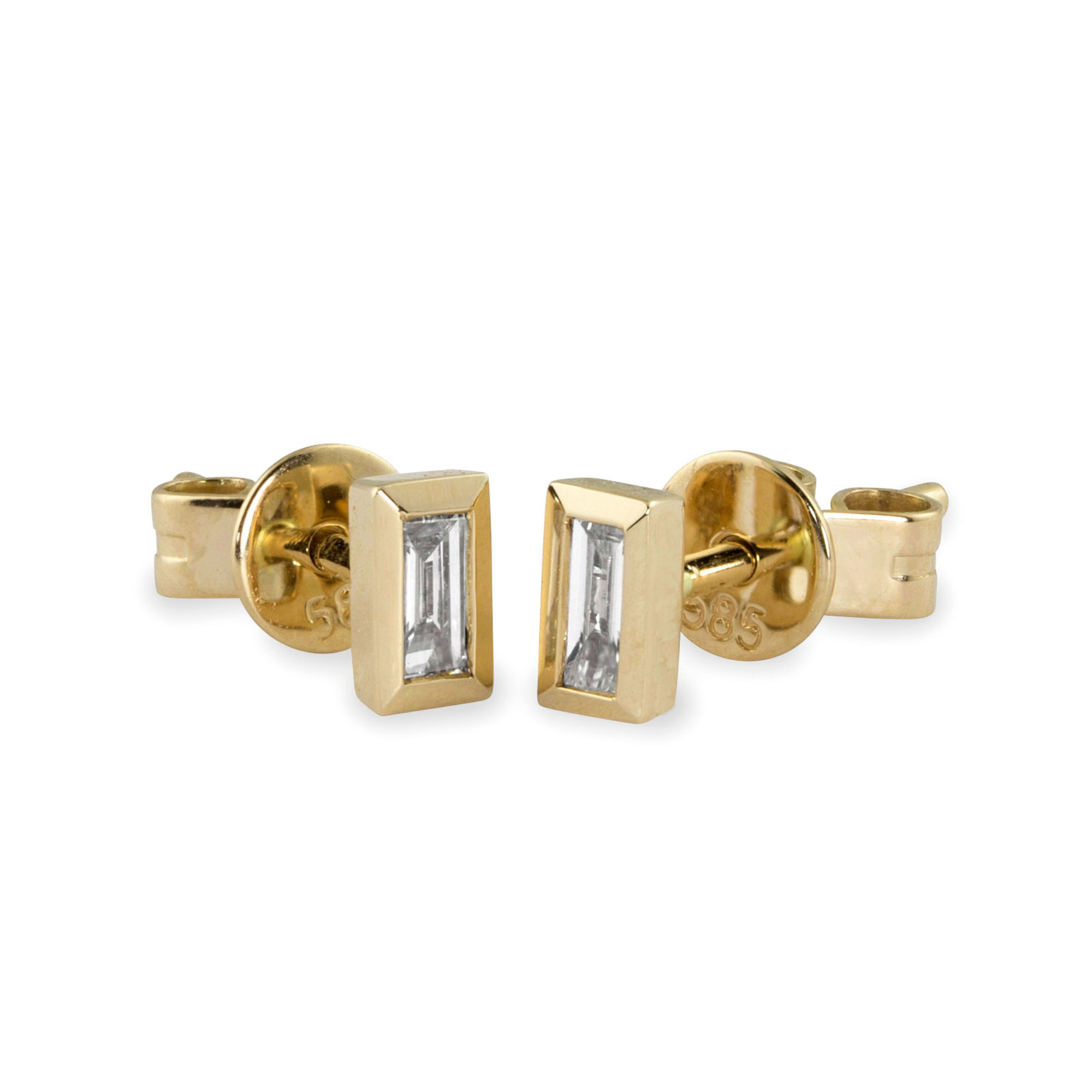 14k yellow gold bezel set baguette white diamond earrings on white background