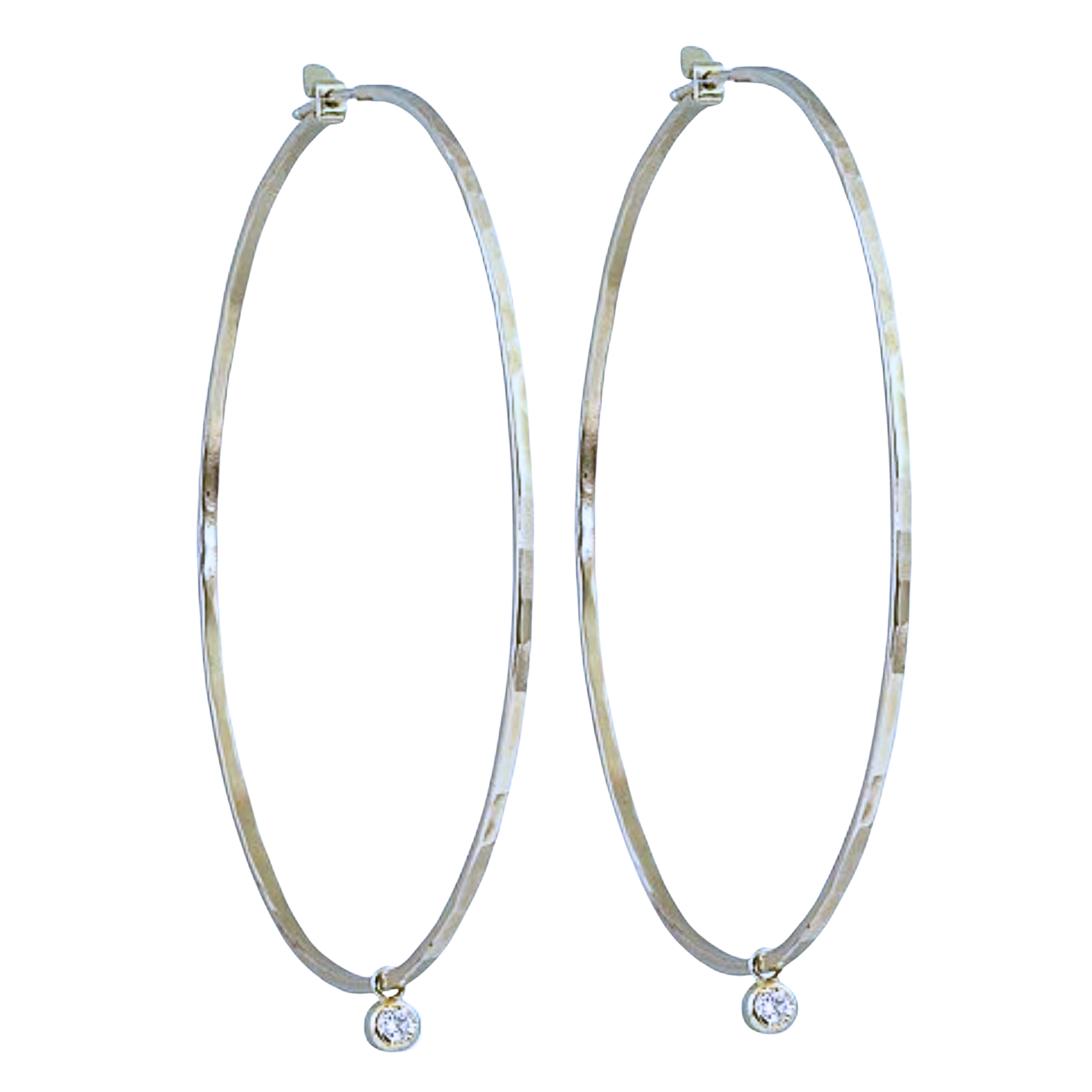 14k white gold hammered wire hoop earrings with white diamond bezi charm on white background