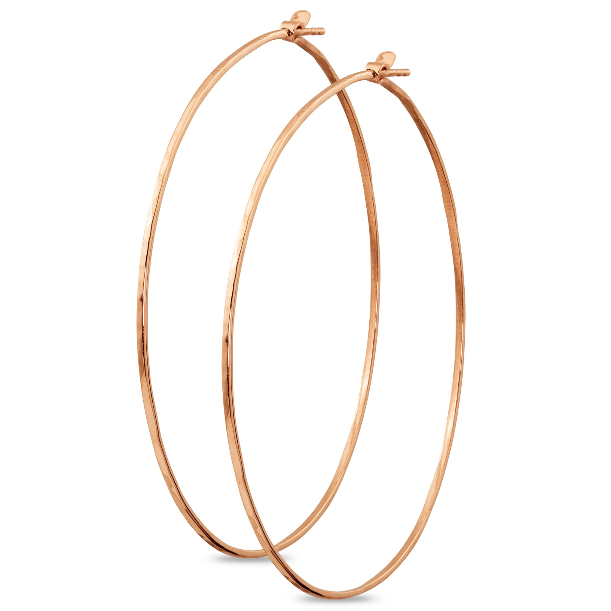 14k rose gold hammered thin guage wire hoop earrings with posts and friction closure shown on white background