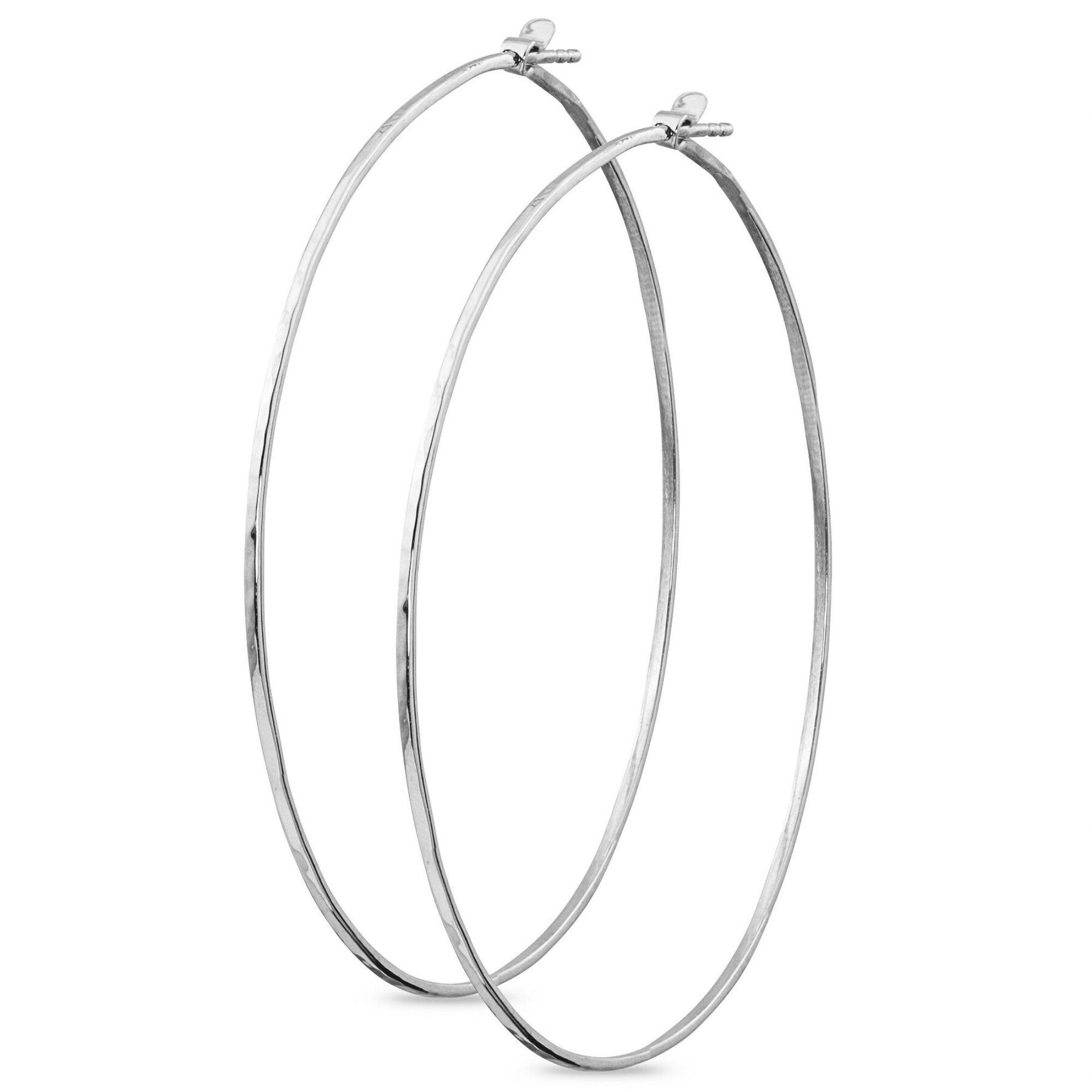 14k white gold hammered thin guage wire hoop earrings with posts and friction closure shown on white background