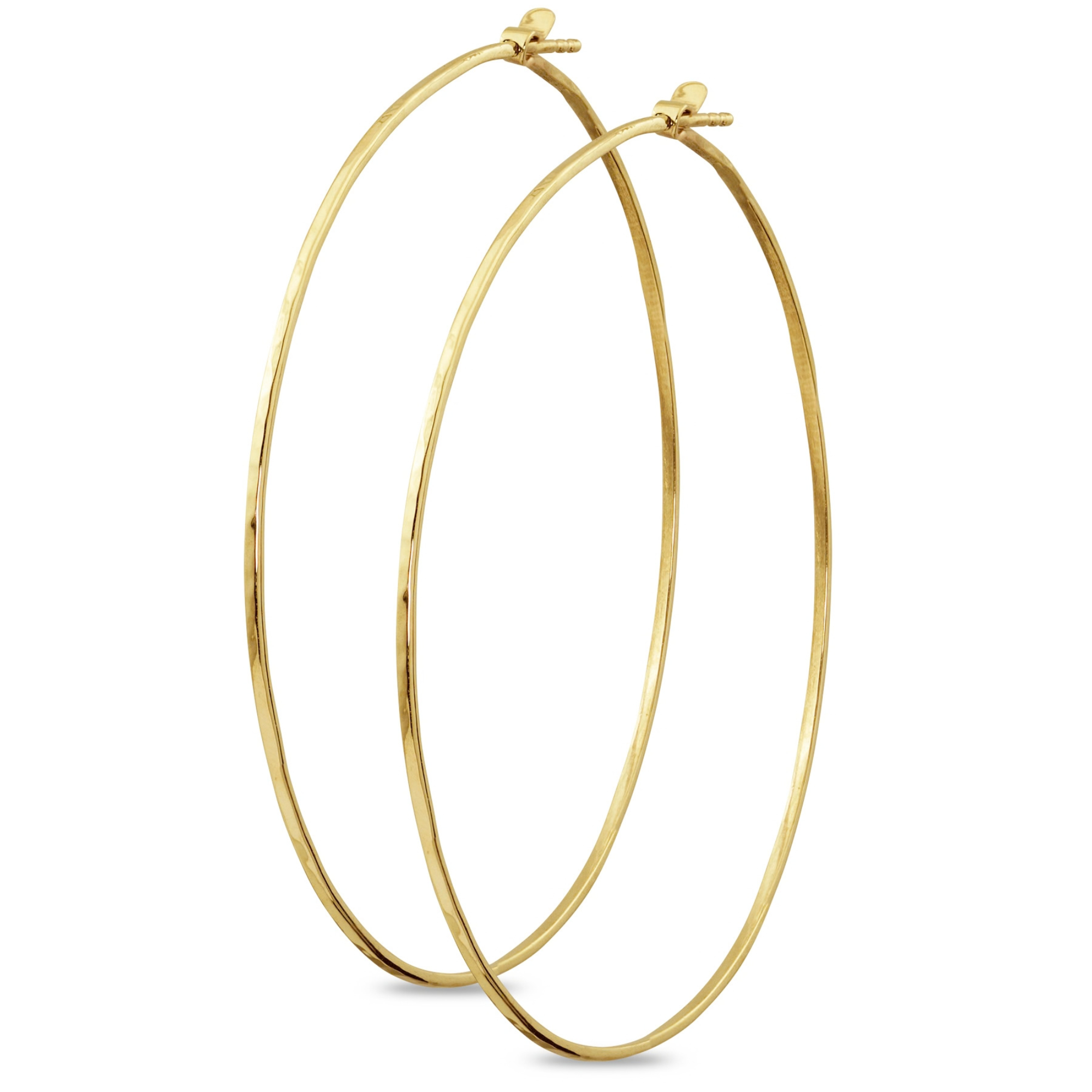 14k yellow gold hammered thin guage wire hoop earrings with posts and friction closure shown on white background