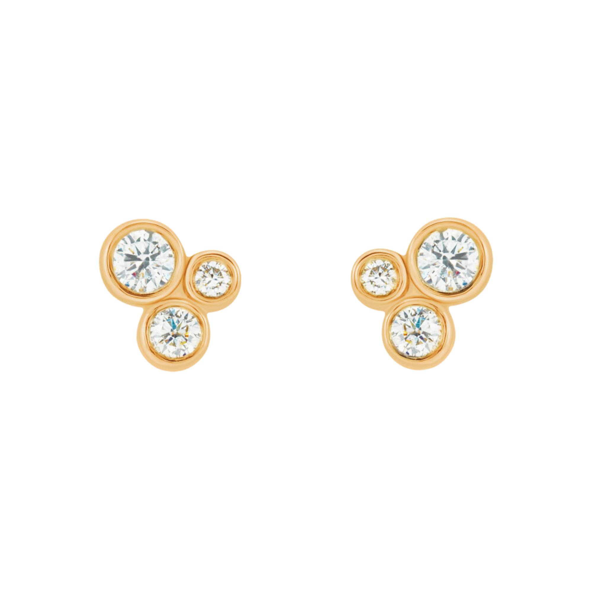 14k yellow gold triple diamond bezel stud earrings on white background
