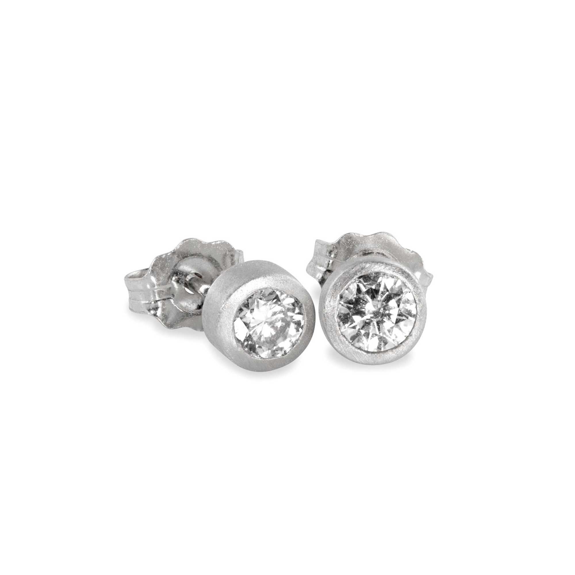 14k white gold round bezel set white diamond stud earrings on white background