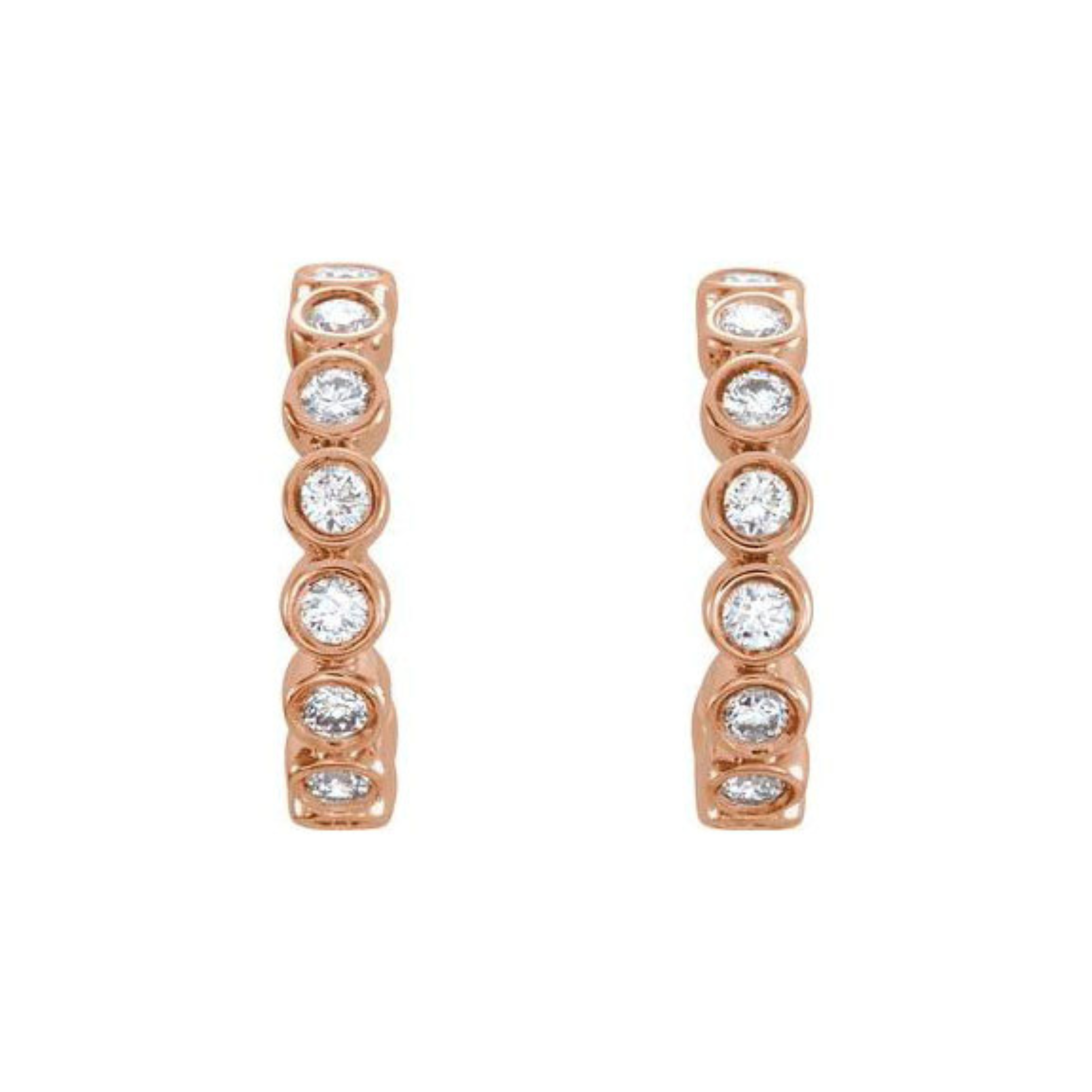 14k rose gold hoop earrings with bezel set white diamonds on white background